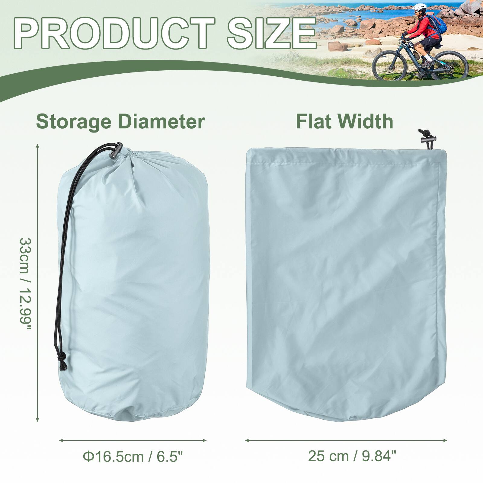 PRODUCT SIZE

Storage Diameter  
33cm / 12.99"  
Φ16.5cm / 6.5"

Flat Width  
25 cm / 9.84"
