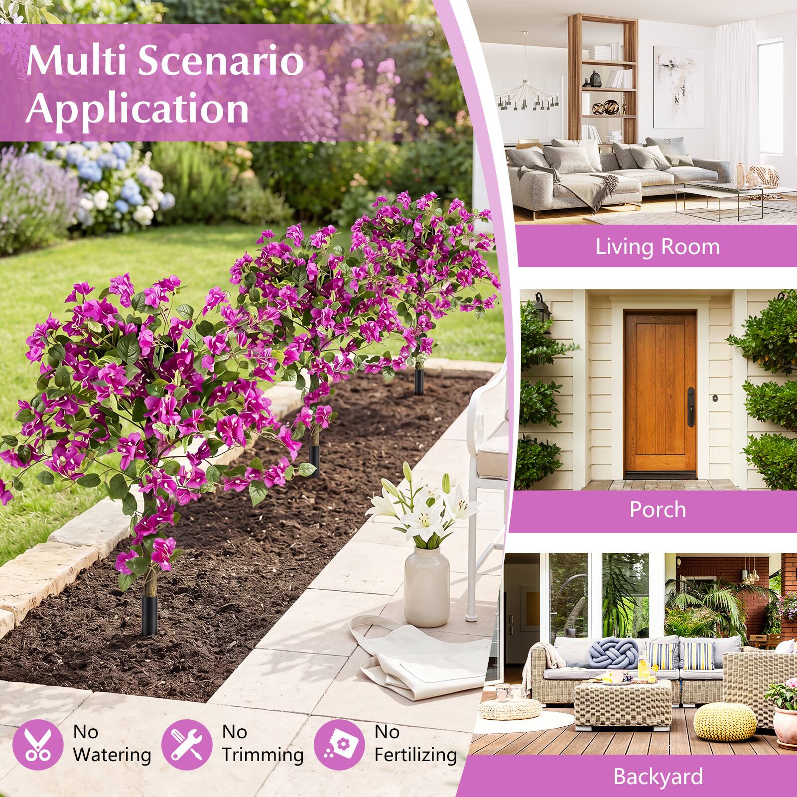 Multi Scenario Application  
Living Room  
Porch  
Backyard  

No Watering  
No Trimming  
No Fertilizing
