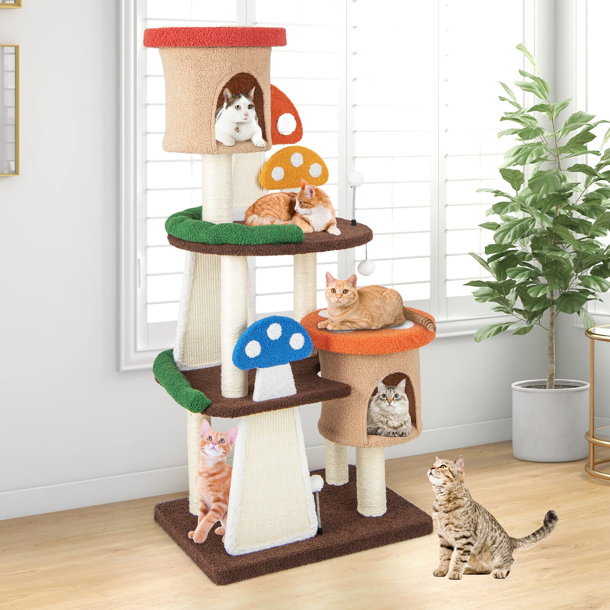 Alt View 1. Gymax - Gymax Wooden Cat Tree w/ Sisal Scratch Board & Post Padded Perch Hanging Toys Modern.