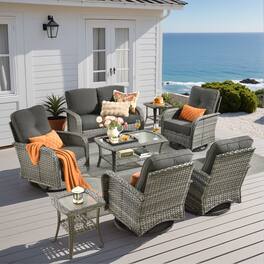 Ovios - 8 PCS Patio Furniture Sofa Set Rattan Couch with Swivel Chair, Coffee Table & Side Table - Black