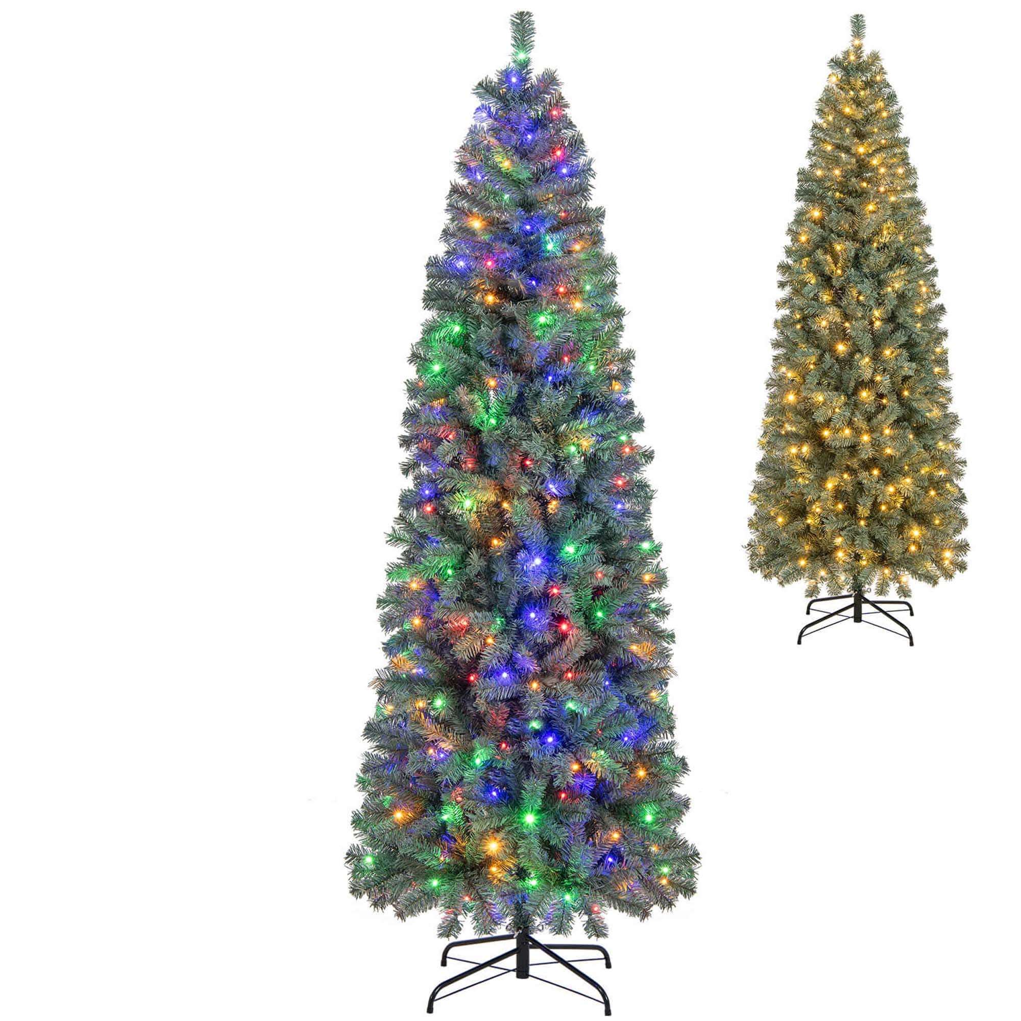 Costway - 7.5 FT Artificial Xmas Tree with 724 Branch Tips 250 LED Lights 9 Lighting Modes - Green