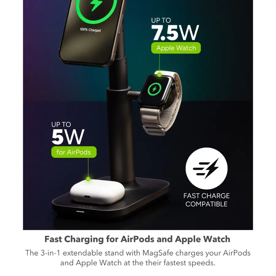 The image promotes a fast charging device for both AirPods and Apple Watch. The device is described as a 3-in-1 extendable stand with MagSafe technology, which allows for fast charging of both AirPods and Apple Watch. The image also claims that the device can charge AirPods at up to 5W and Apple Watch at up to 7.5W, making it a convenient and efficient solution for charging these devices.
