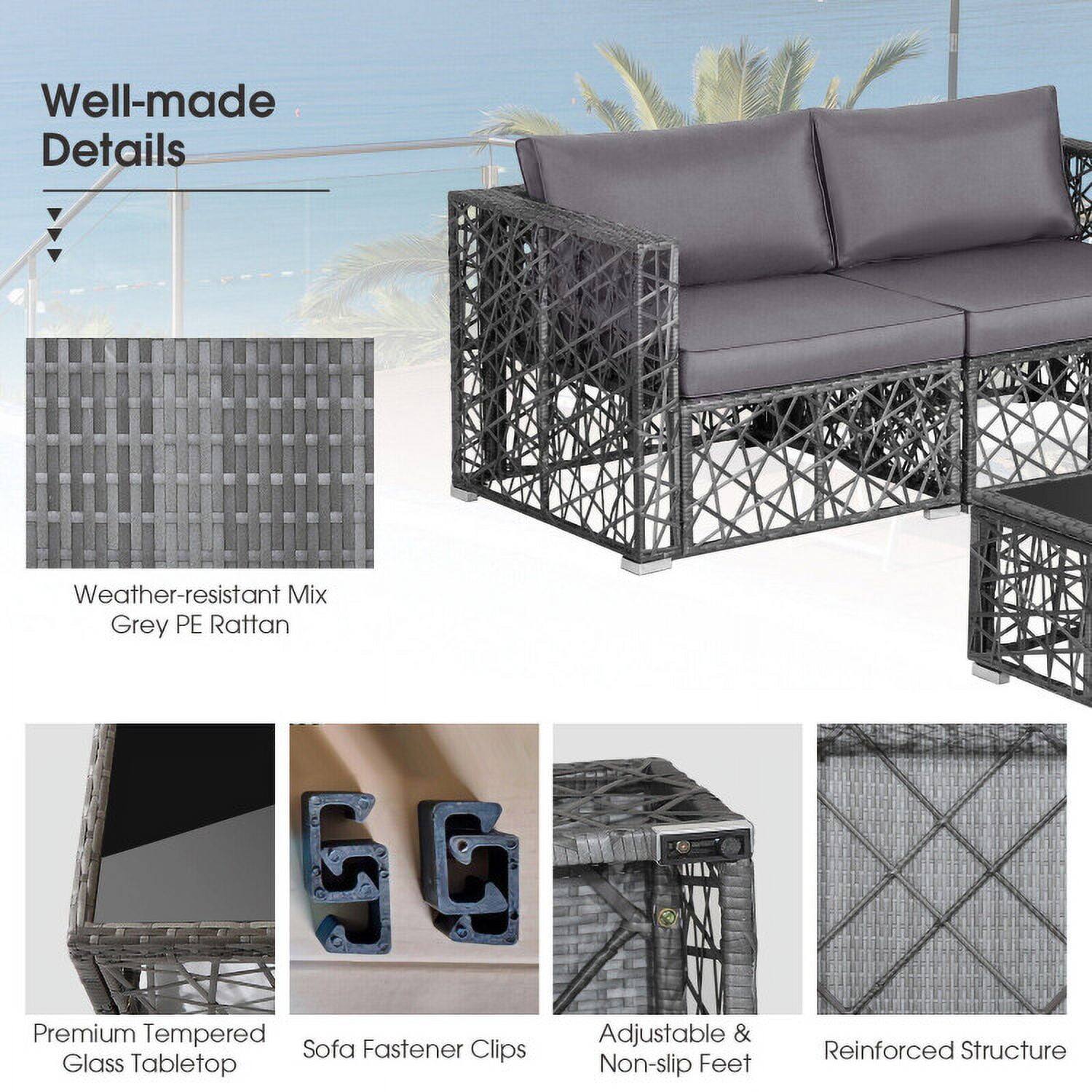 Well-made Details

- Weather-resistant Mix Grey PE Rattan
- Premium Tempered Glass Tabletop
- Sofa Fastener Clips
- Adjustable & Non-slip Feet
- Reinforced Structure