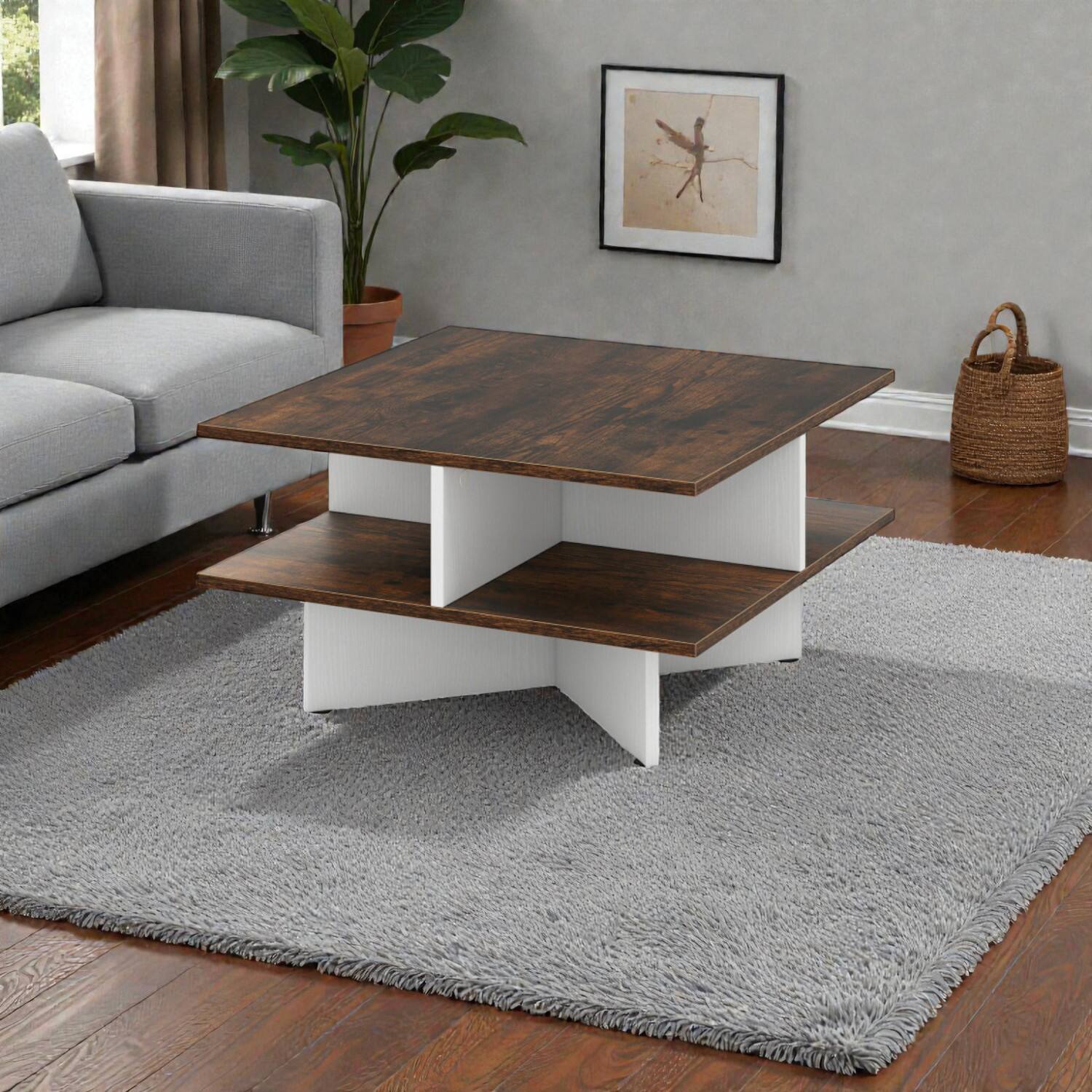 Front. Hivvago - Functional Square Coffee Table with Dual Tiers and Four Storage Areas - Rustic Brown, White.