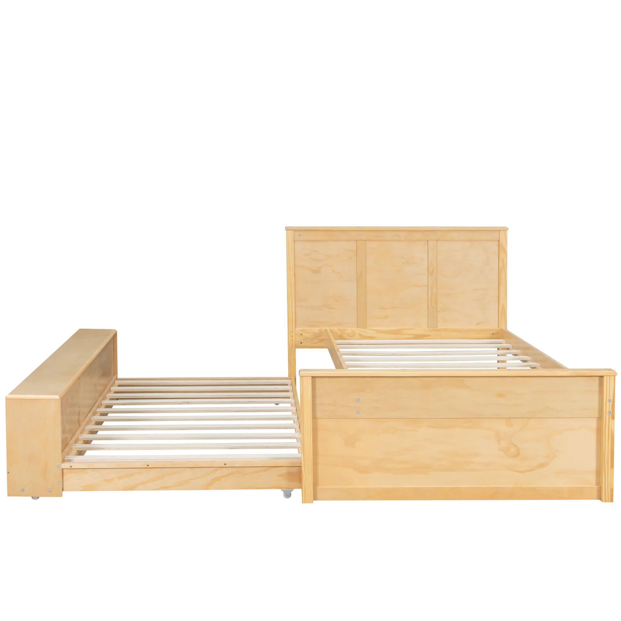 Alt View 2. Whisen - Wood Platform Bed with Pull-Out Trundle and Storage Shelves,Extendable Bed - Natural.