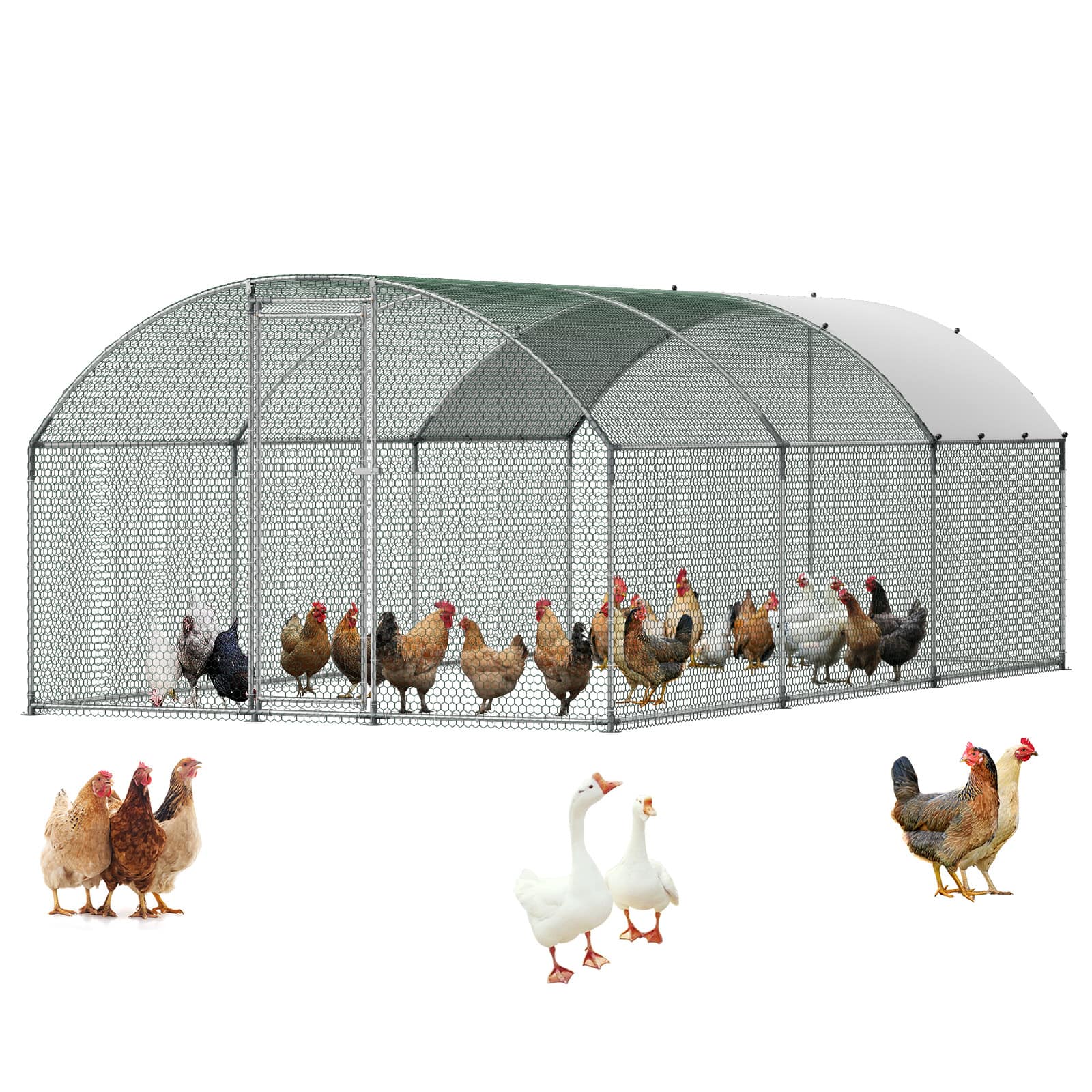 Front. VEVOR - Large Metal Chicken Coop, 9.8 x 19.7 x 6.6 ft, Walk-in Chicken Runs with Waterproof Cover, Dome Roof Hen House Enclosure - Silver.