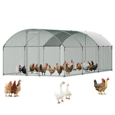 Front. VEVOR - Large Metal Chicken Coop, 9.8 x 19.7 x 6.6 ft, Walk-in Chicken Runs with Waterproof Cover, Dome Roof Hen House Enclosure - Silver.