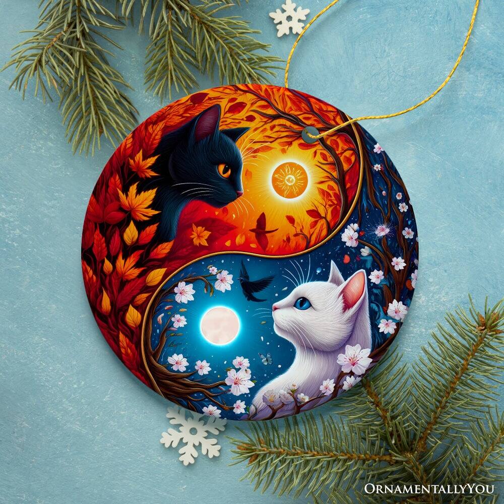 Back. OrnamentallyYou - Mystical Seasons Yin and Yang Cats Ceramic Ornament Gift for White and Black Kitten Lovers - Multi-colored.