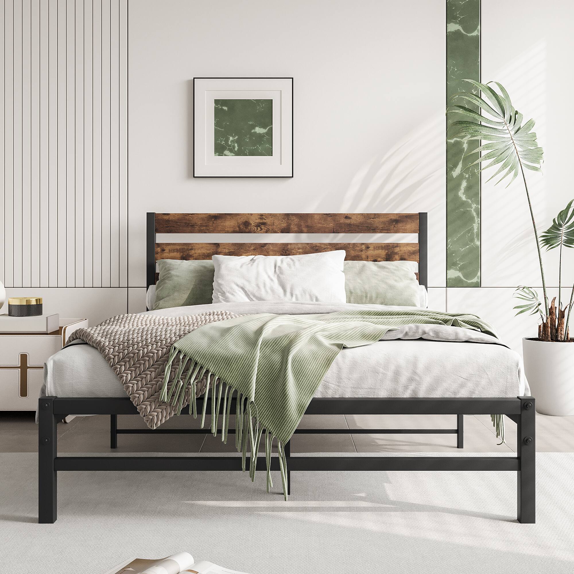 Alt View 1. Ecooso - Full Size Platform Bed Frame with Wood Headboard, Strong Metal Slats Support Mattress Foundation, No Box Spring Needed - Black.