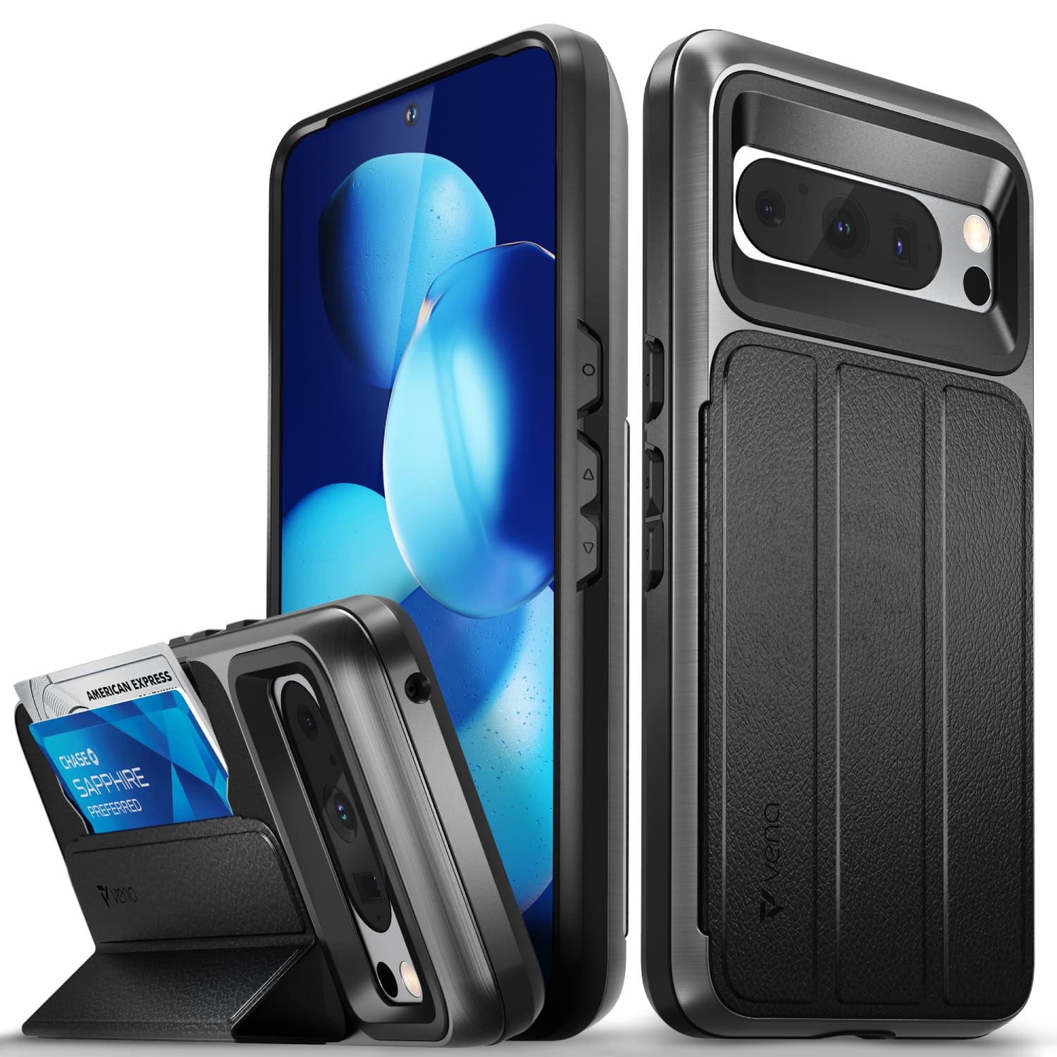 Vena - vCommute Wallet Leather Case for Google Pixel 8 Pro Case with Flip Cover Card Slot Holder Kickstand - Black