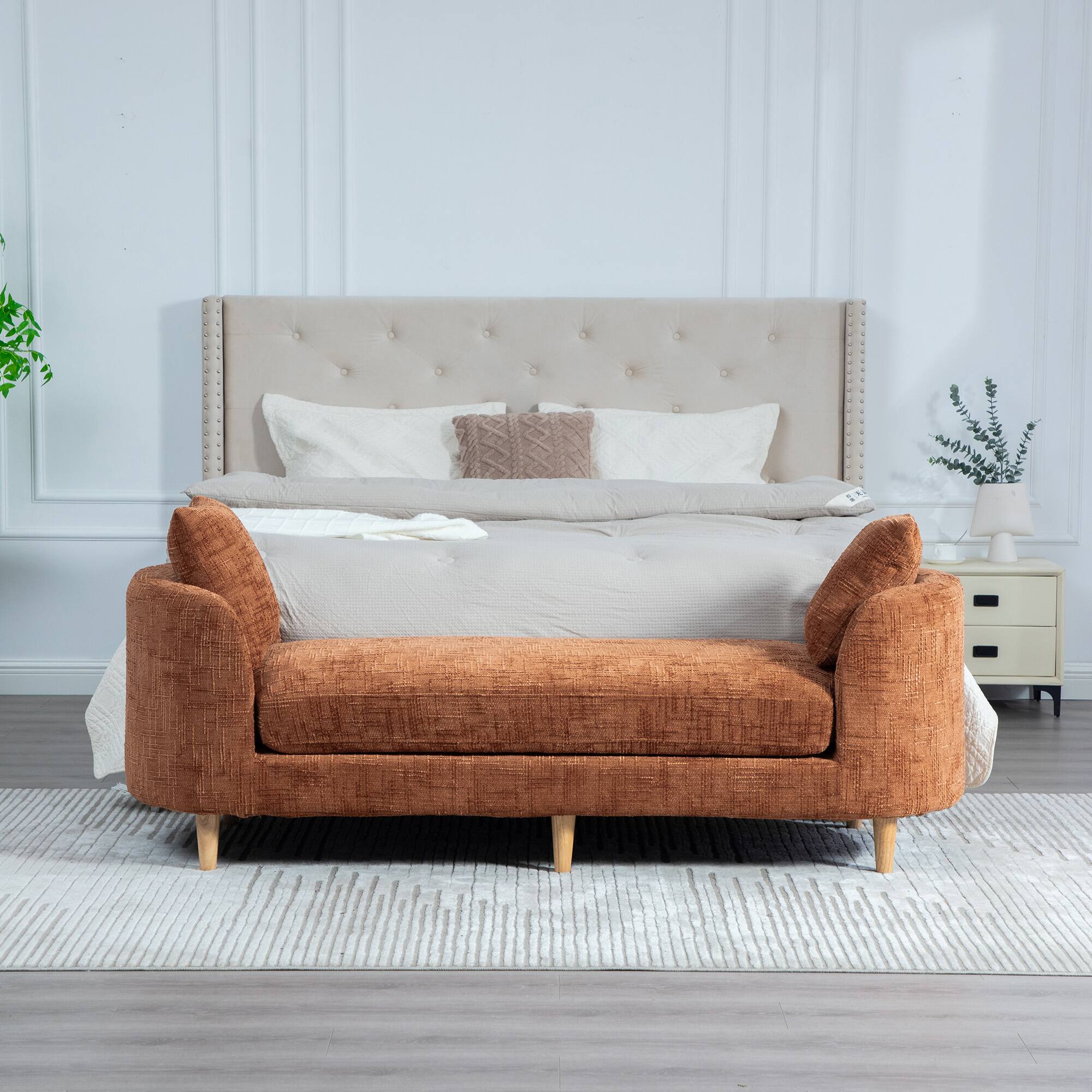 Back. Ropilly - Ropilly Orange Upholstered End of Bed Bench Chenille Chaise Lounge Couch Backless Daybed with Armrests - Orange.