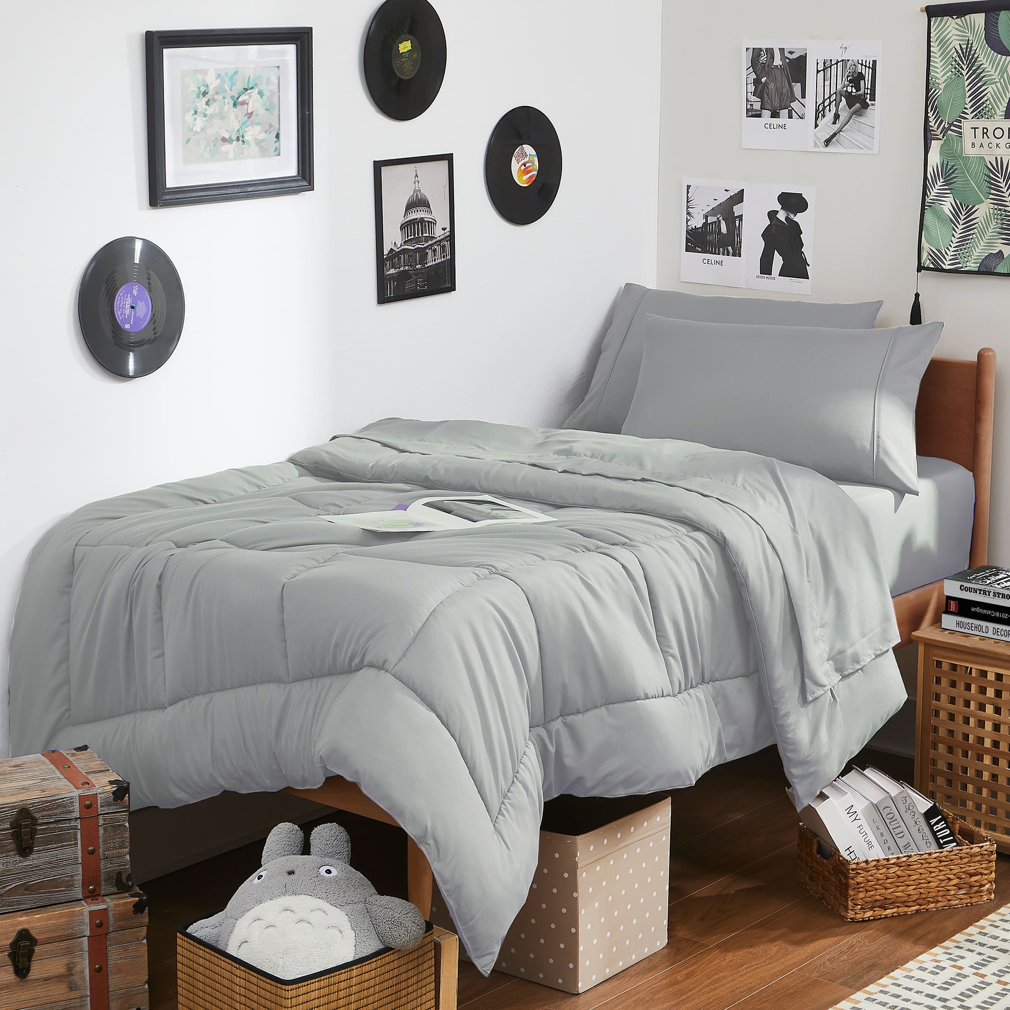 Sweet Home Collection - 7PC Campus Ready Dorm Twin XL Bedding Bundle, Solid Comforter, Bed Pillows and Sheet Set - Silver