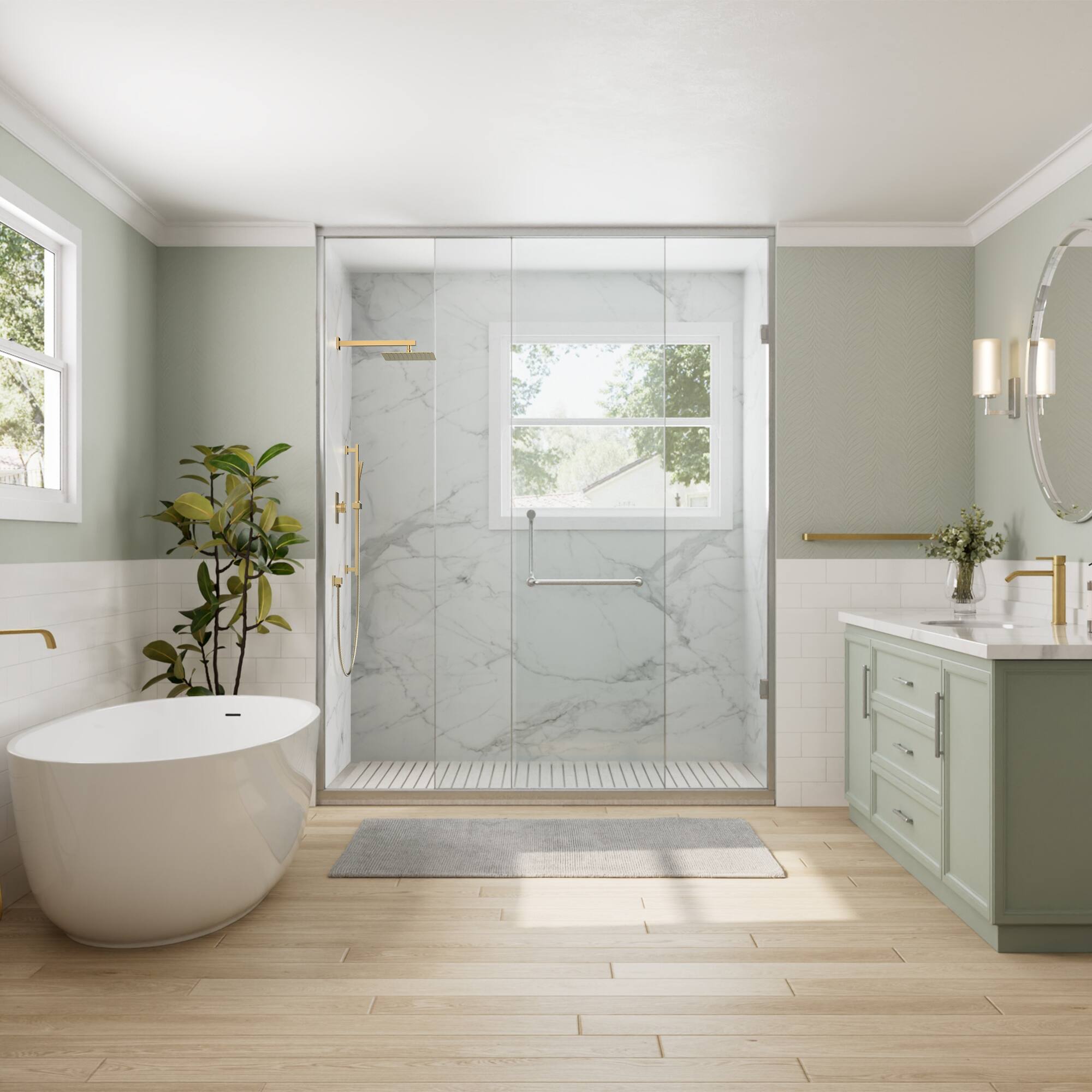 Left. GRANDJOY - 10" High Pressure Rain Shower System with Handheld Shower and 2-Function Mixer Valve - Brushed Gold.