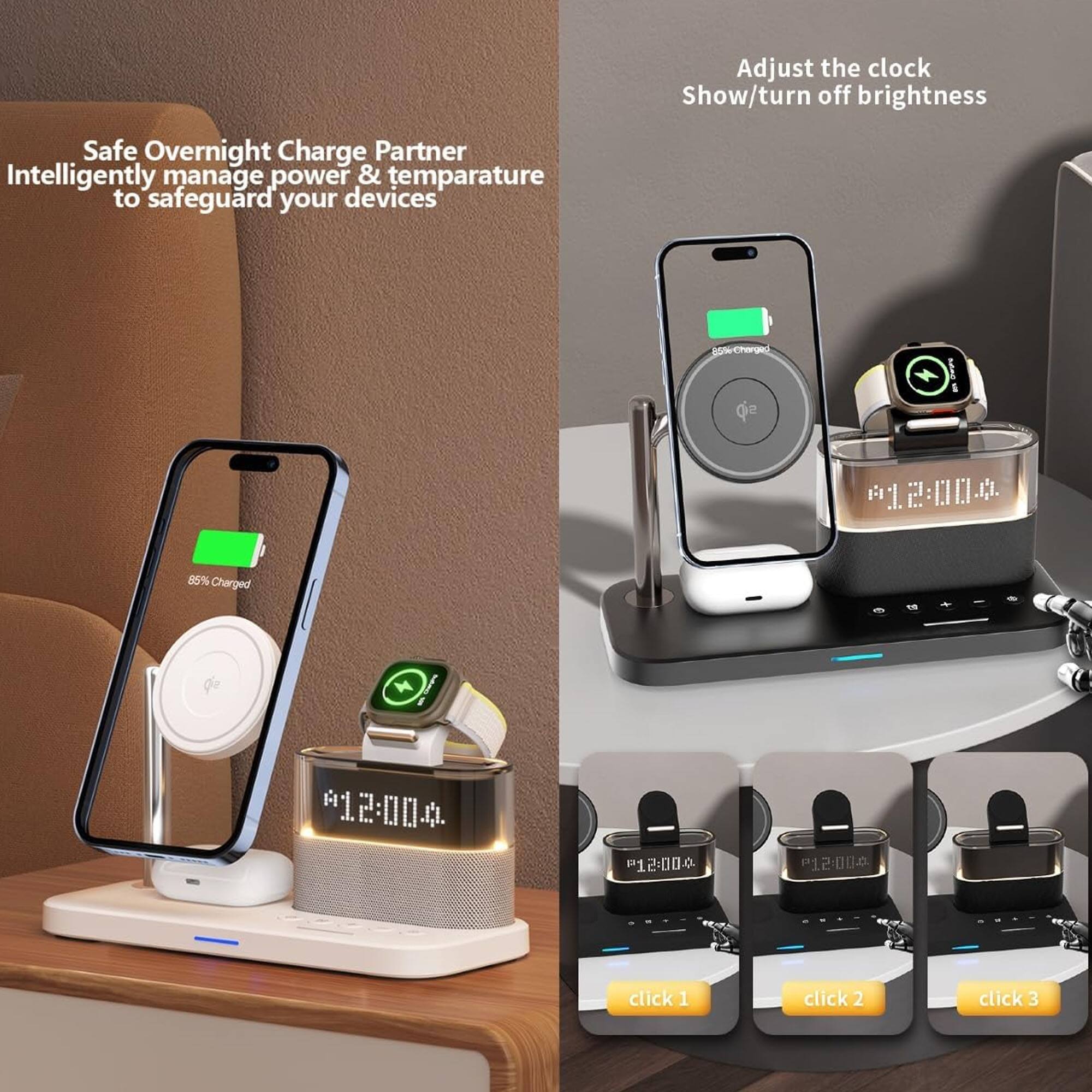 Safe Overnight Charge Partner  
Intelligently manage power & temperature to safeguard your devices  

Adjust the clock  
Show/turn off brightness  

85% Charged  

Q2 2:00  
i 1  
85% Charged  
012:00-4  
P12:00  
P1 12:00  

click 1  
click 2  
click 3