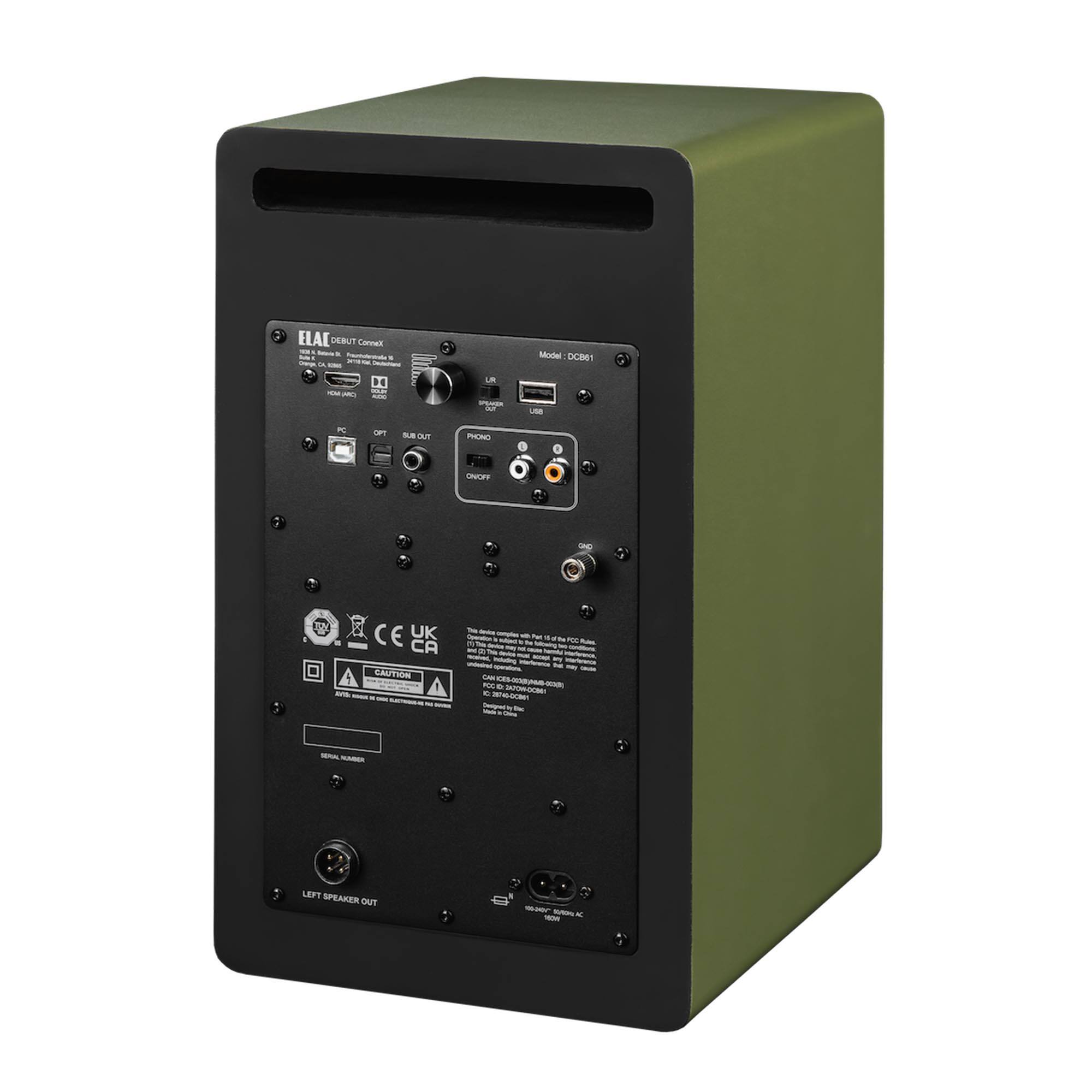 ELAI DEBUT Canvas  
Model: DCB61  

- USB  
- OPT  
- SIR OUT  
- PHONO  
- ON/OFF  

- LEFT SPEAKER OUT  

- CE UK CA  
- CAUTION  

- SERIAL NUMBER