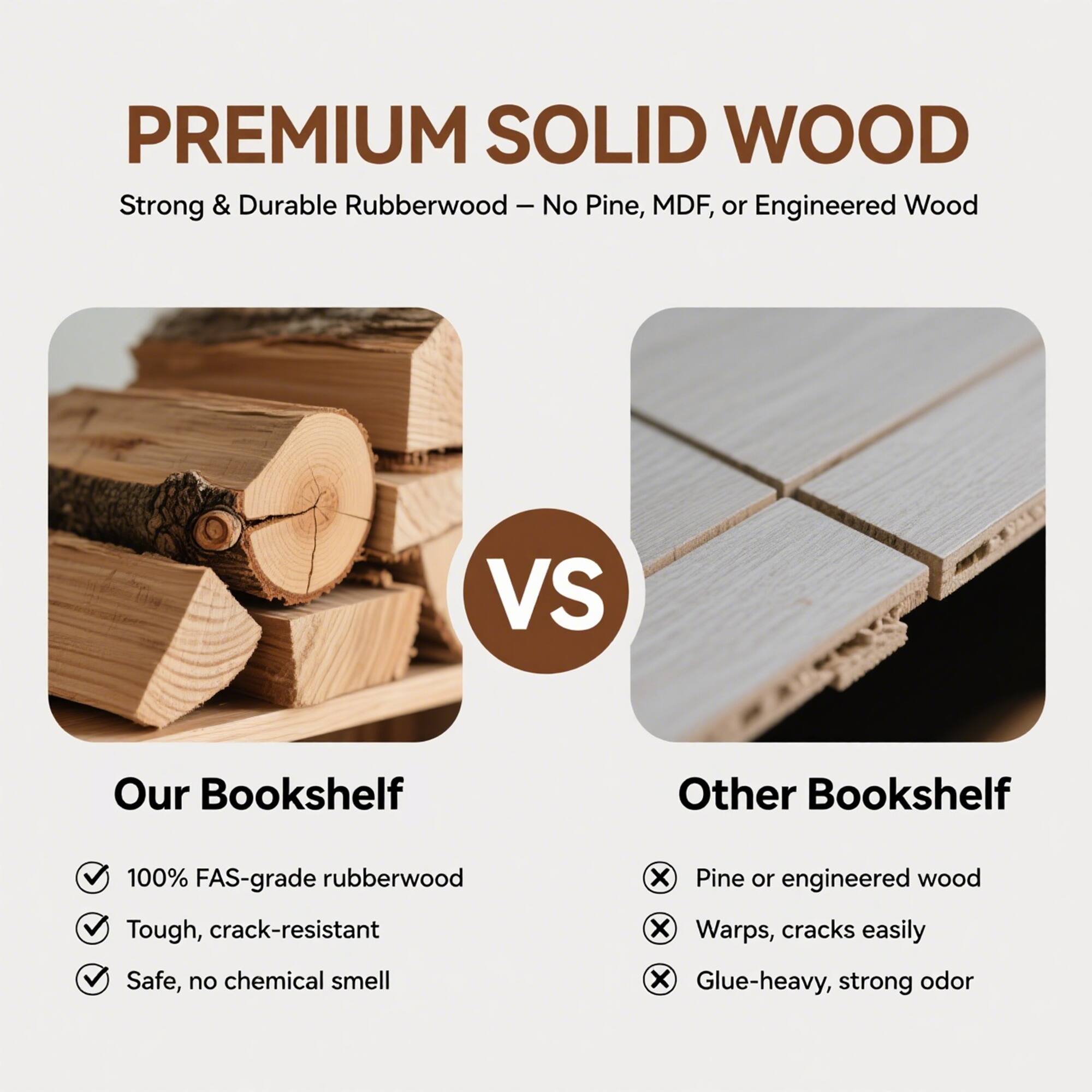 **PREMIUM SOLID WOOD**

Strong & Durable Rubberwood – No Pine, MDF, or Engineered Wood

---

**Our Bookshelf**

- 100% FAS-grade rubberwood
- Tough, crack-resistant
- Safe, no chemical smell

---

**Other Bookshelf**

- Pine or engineered wood
- Warps, cracks easily
- Glue-heavy, strong odor