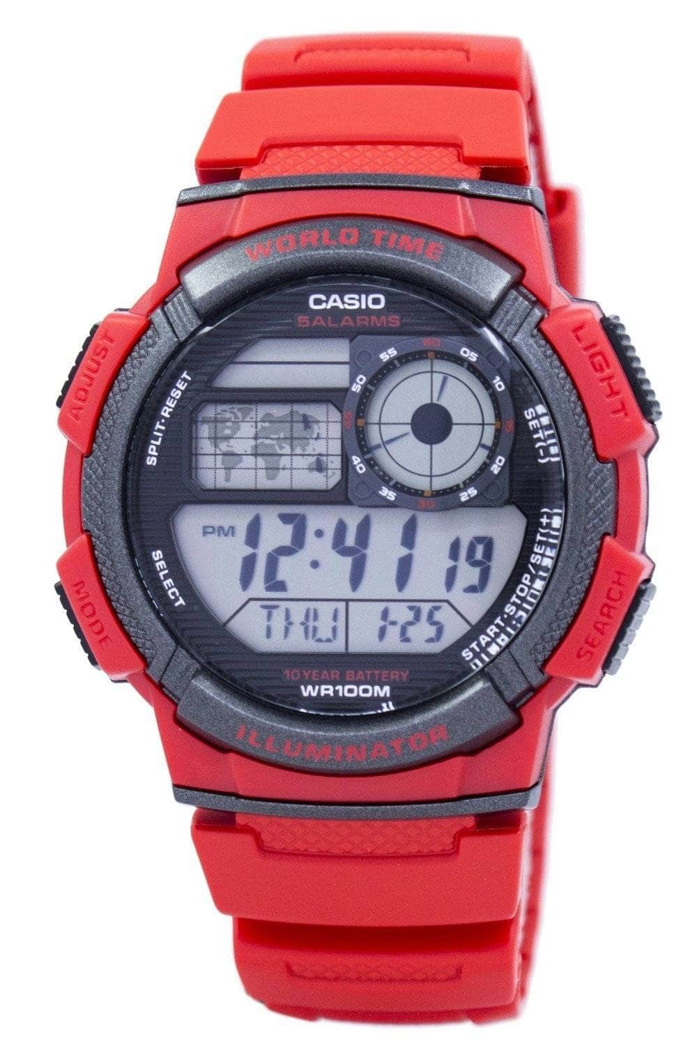Casio - Illuminator World Time Alarm World Map Stopwatch Timer AE-1000W-4AV Mens Watch 100M - Red