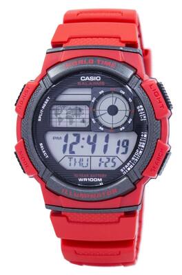 Casio - Illuminator World Time Alarm World Map Stopwatch Timer AE-1000W-4AV Mens Watch 100M - Red