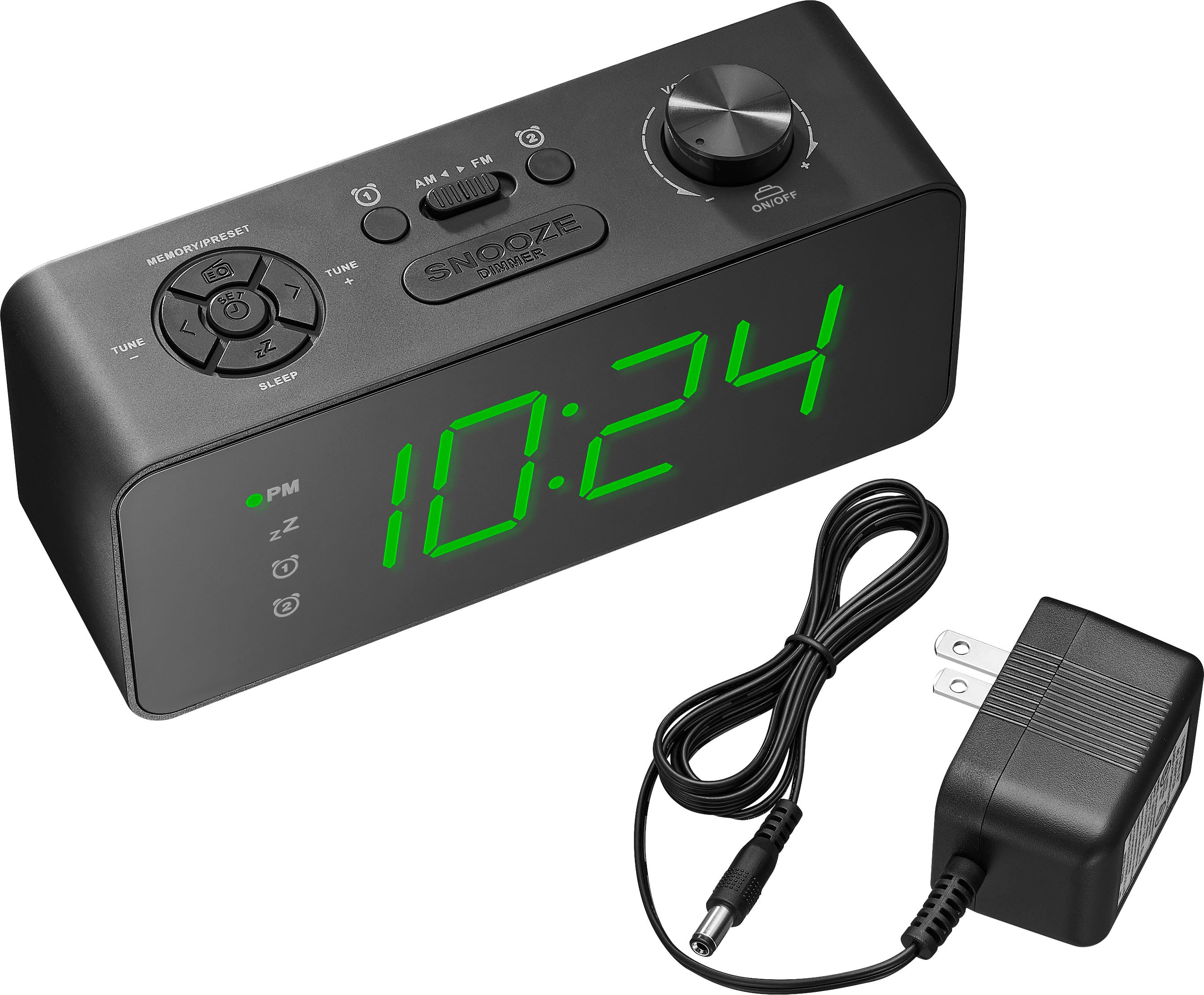 The text on the image reads:
2 FM 4 AM CUUUI 1 ON/OFF MEMORY/PRESET TUNE SNOOZE DIMMER B + SE V < TUNE zZ BLEEP PM zZ zZ 1 10.24 & A
The corrected text would be:
2 FM 4 AM CUUUI 1 ON/OFF MEMORY/PRESET TUNE SNOOZE DIMMER B + SE V < TUNE zZ BLEEP PM zZ zZ 1 10:24 & A