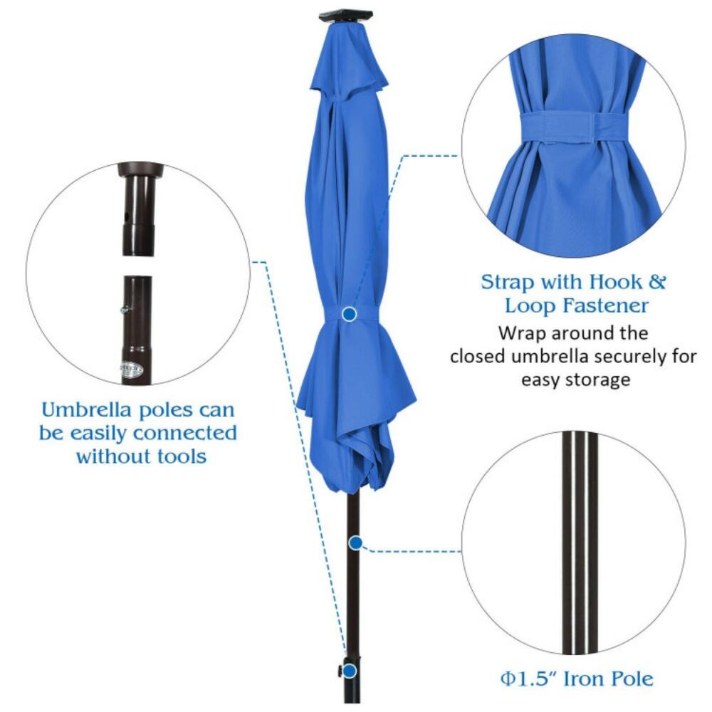 Umbrella poles can be easily connected without tools.  
Strap with Hook & Loop Fastener: Wrap around the closed umbrella securely for easy storage.  
1.5" Iron Pole