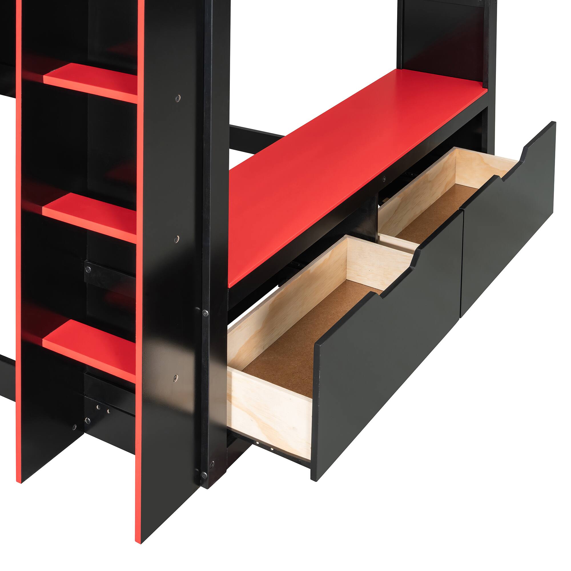 Left. Anysun - Full Size Wood Loft Bed with Height-adjustable Desk,Drawers,Storage Compartments,Hanging Rod and RGB Lights - Red.