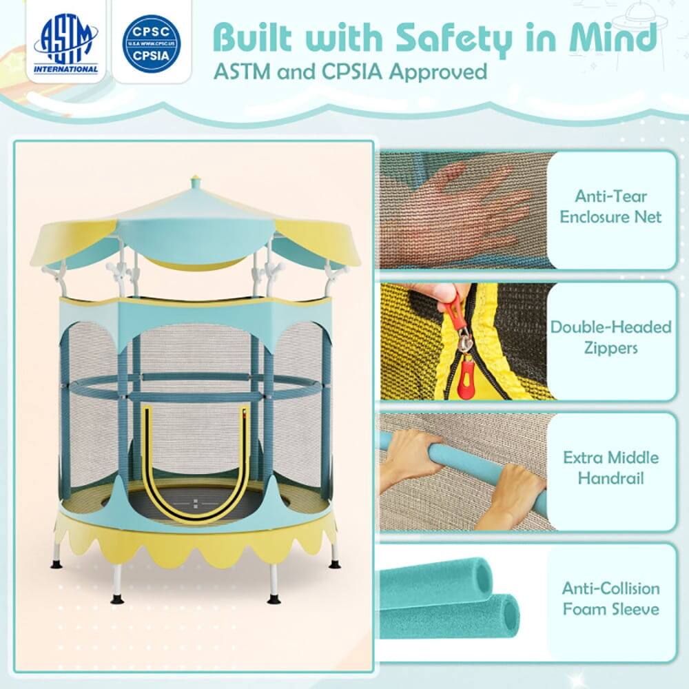 AH INTERNATIONAL  
CPSIA Built with Safety in Mind  
ASTM and CPSIA Approved  
Anti-Tear Enclosure Net  
Double-Headed Zippers  
Extra Middle Handrail  
Anti-Collision Foam Sleeve
