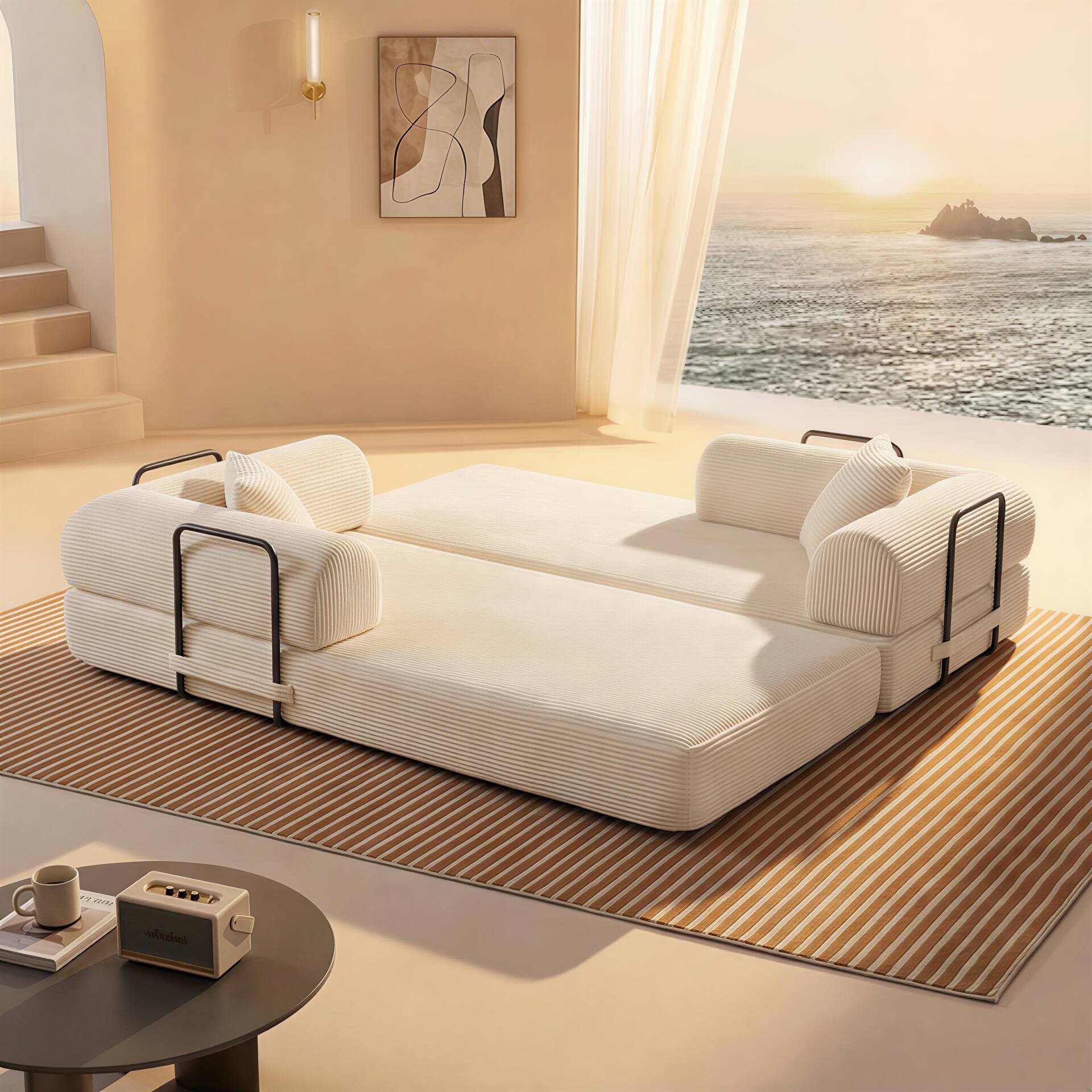 Alt View 4. Meqiodas - Compression Sofa,Convertible Floor Sofa Bed-with Pillow Back Support Armrest,Comfy Futon Couch Sleeper Bed - Beige.