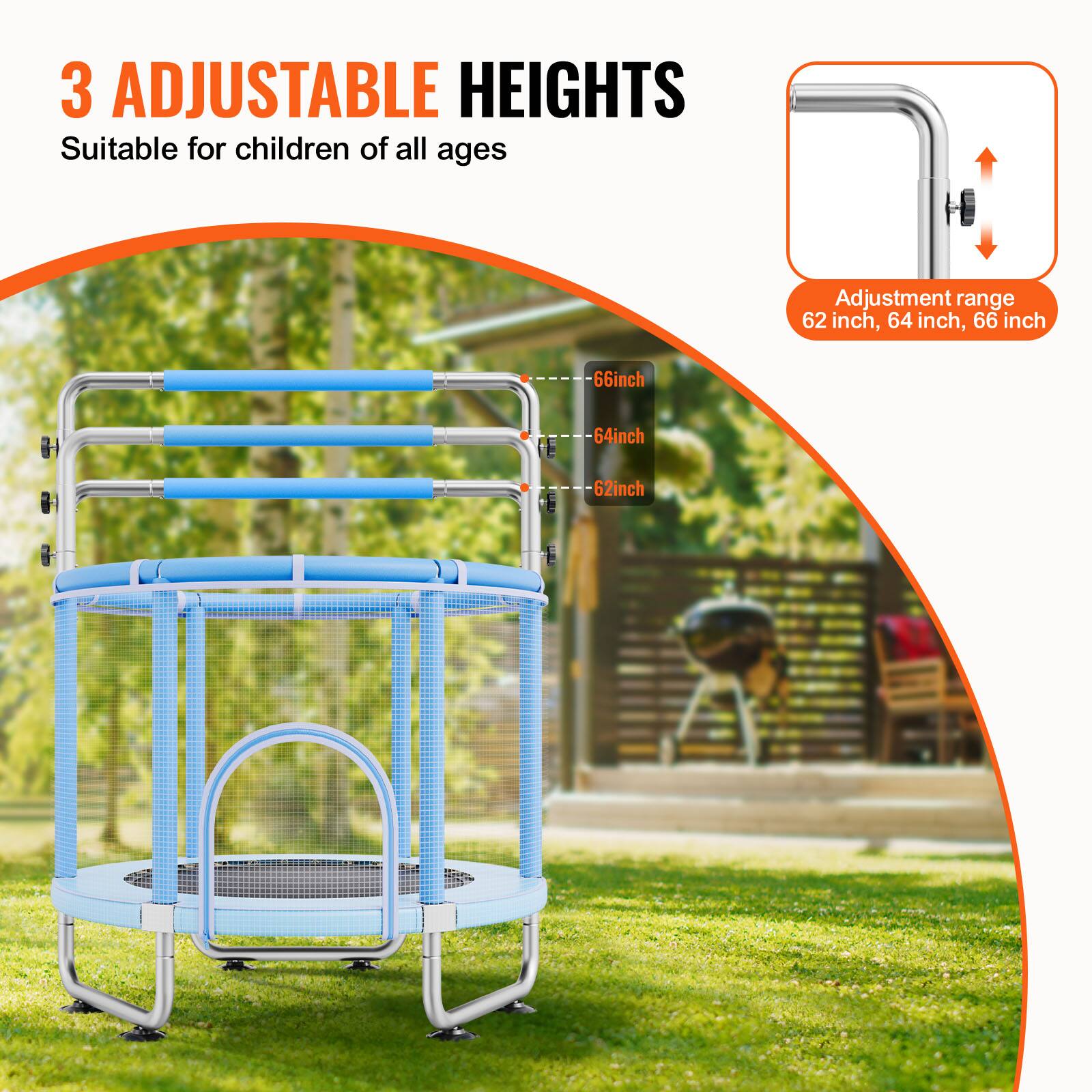 3 Adjustable Heights: Suitable for children of all ages. Adjustment range: 62 inches, 64 inches, 66 inches.
