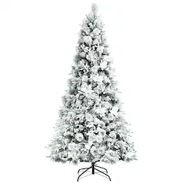 Costway - 7ft Snow Flocked Hinged Christmas Tree w/Berries & Poinsettia Flowers - Green/White