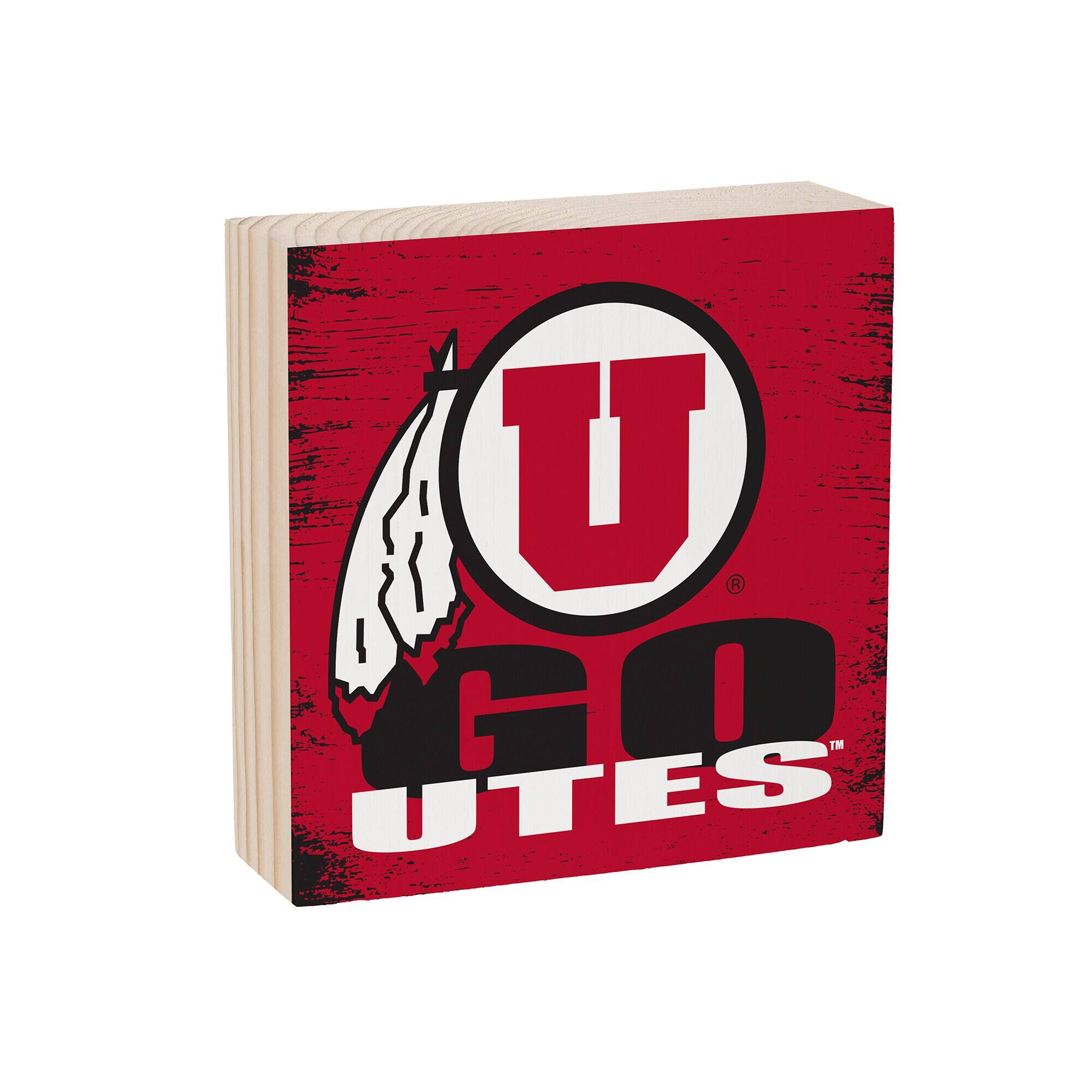 Alt View 1. Evergreen Enterprises - Utah Utes 6" Square Fan Chant Wood Block Shelf Sign - Multicolor.