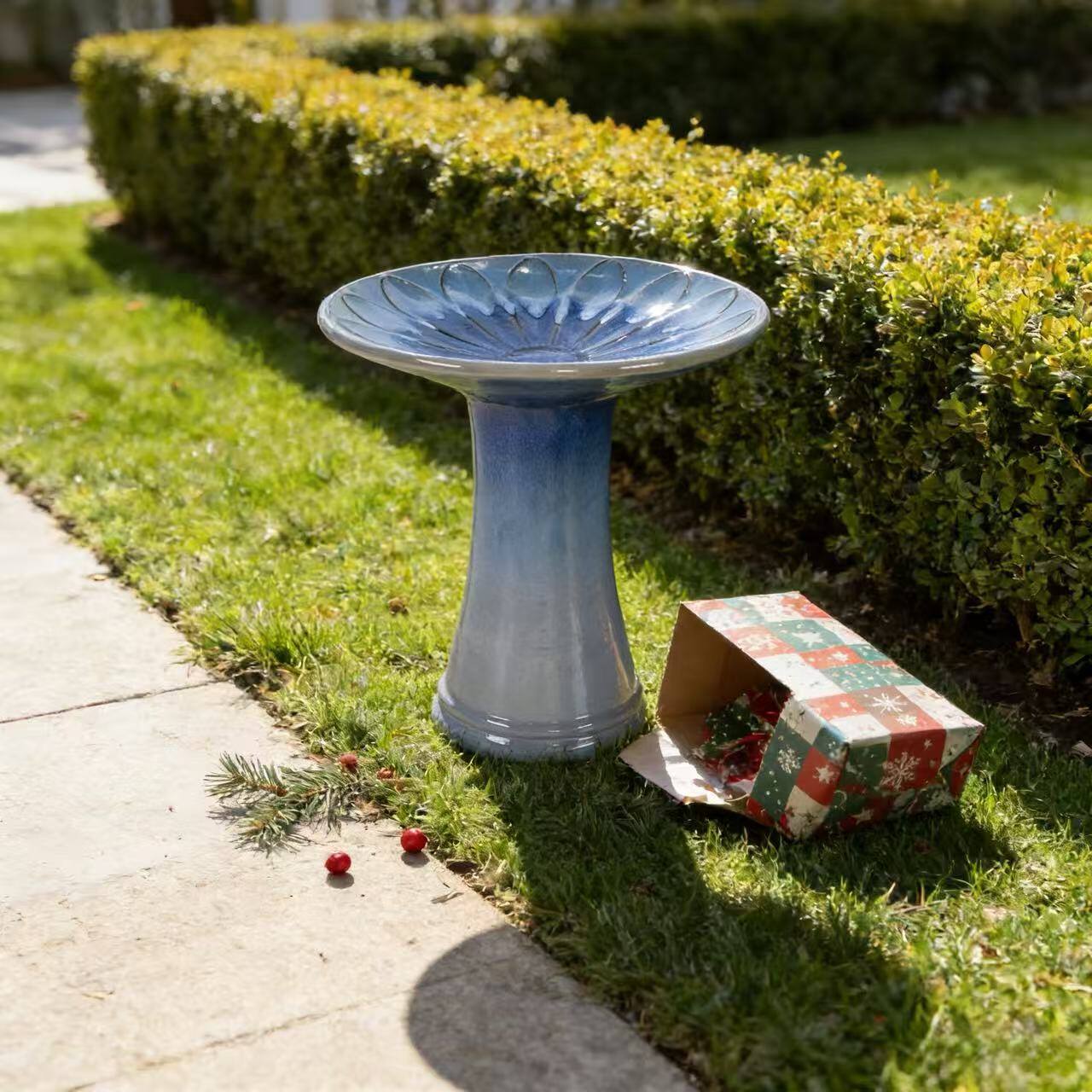 Front. Loheer - 17 in Ceramic Bird Bath - Tall Pedestal, Floral Glazed Outdoor Decor - Blue Gray + Ceramic.