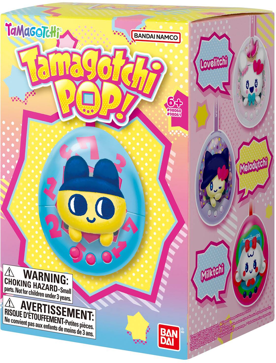 Tamagotchi Pop!  
BANDAI NAMCO  
Tamagotchi Pop!  
6+  
#98060  
#98061  
Lovelitchi  
Melodytchi  
Milkitchi  
WARNING: CHOKING HAZARD - Small parts. Not for children under 3 years.  
AVERTISSEMENT: RISQUE D'ÉTOUFFEMENT - Petites pièces. Ne convient pas aux enfants de moins de 3 ans.  
BAN DAI