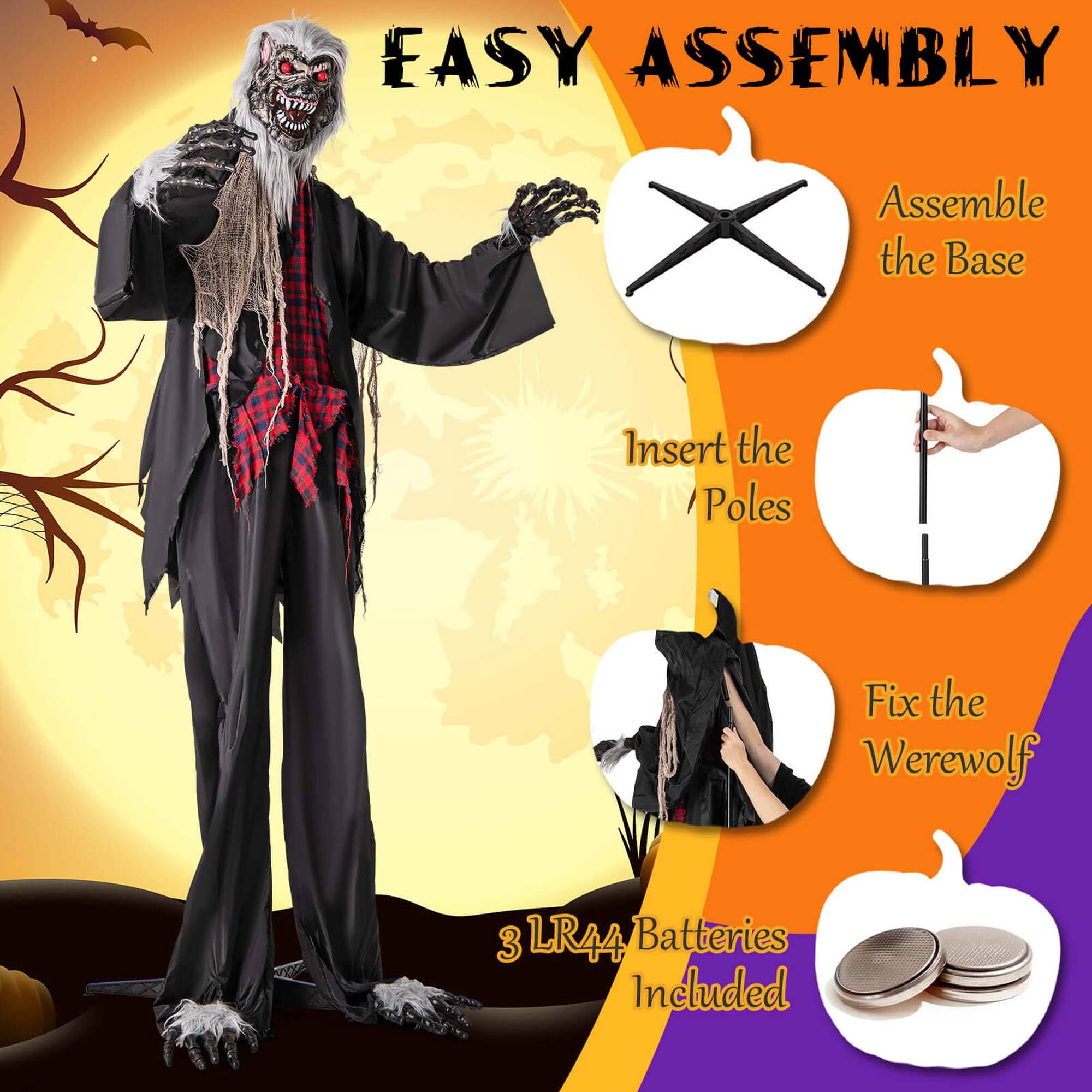 EASY ASSEMBLY: Assemble the Base, Insert the Poles, Fix the Werewolf. 3 LR44 Batteries Included.