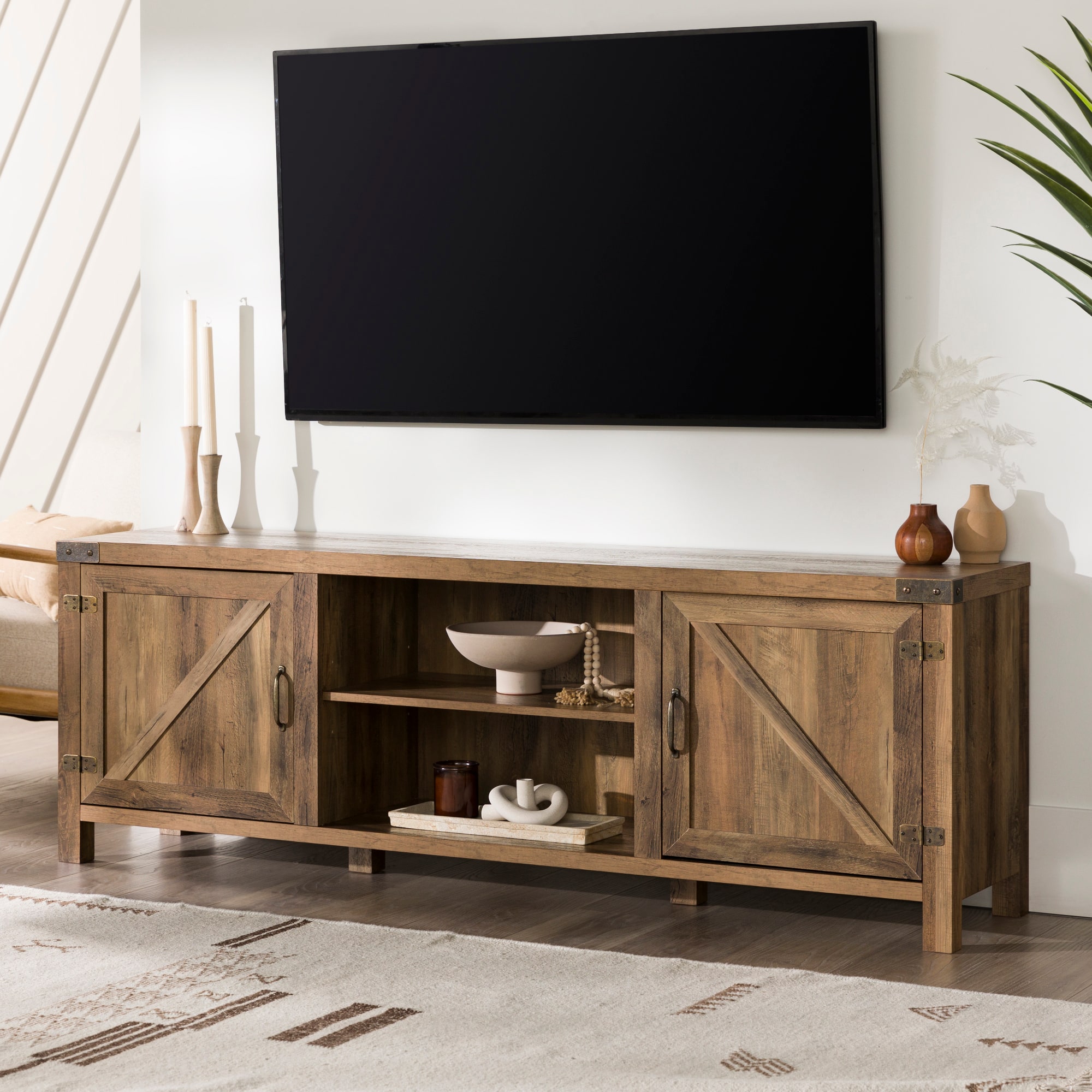 Spaco - Rustic Farmhouse Double Barn Door TV Stand for 80 Inch TVs, Entertainment Center Media Console with Center Shelves - Oak