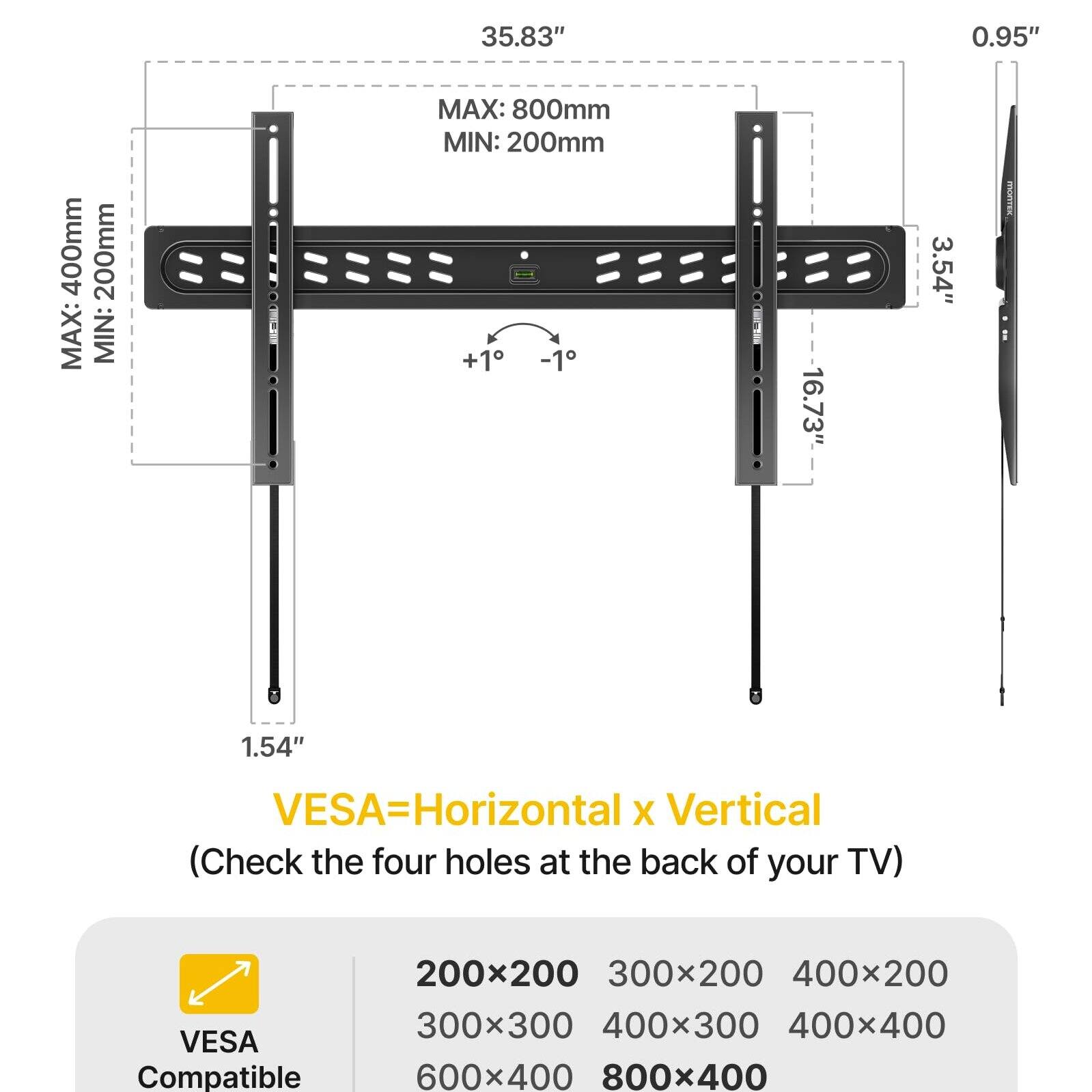 35.83"  
0.95"  
400mm  
200mm  
MAX: 800mm  
MIN: 200mm  
+1° -1°  
16.73"  
3.54"  
1.54"  

VESA=Horizontal x Vertical  
(Check the four holes at the back of your TV)  

VESA Compatible  
200x200  
300x200  
400x200  
300x300  
400x300  
400x400  
600x400  
800x400