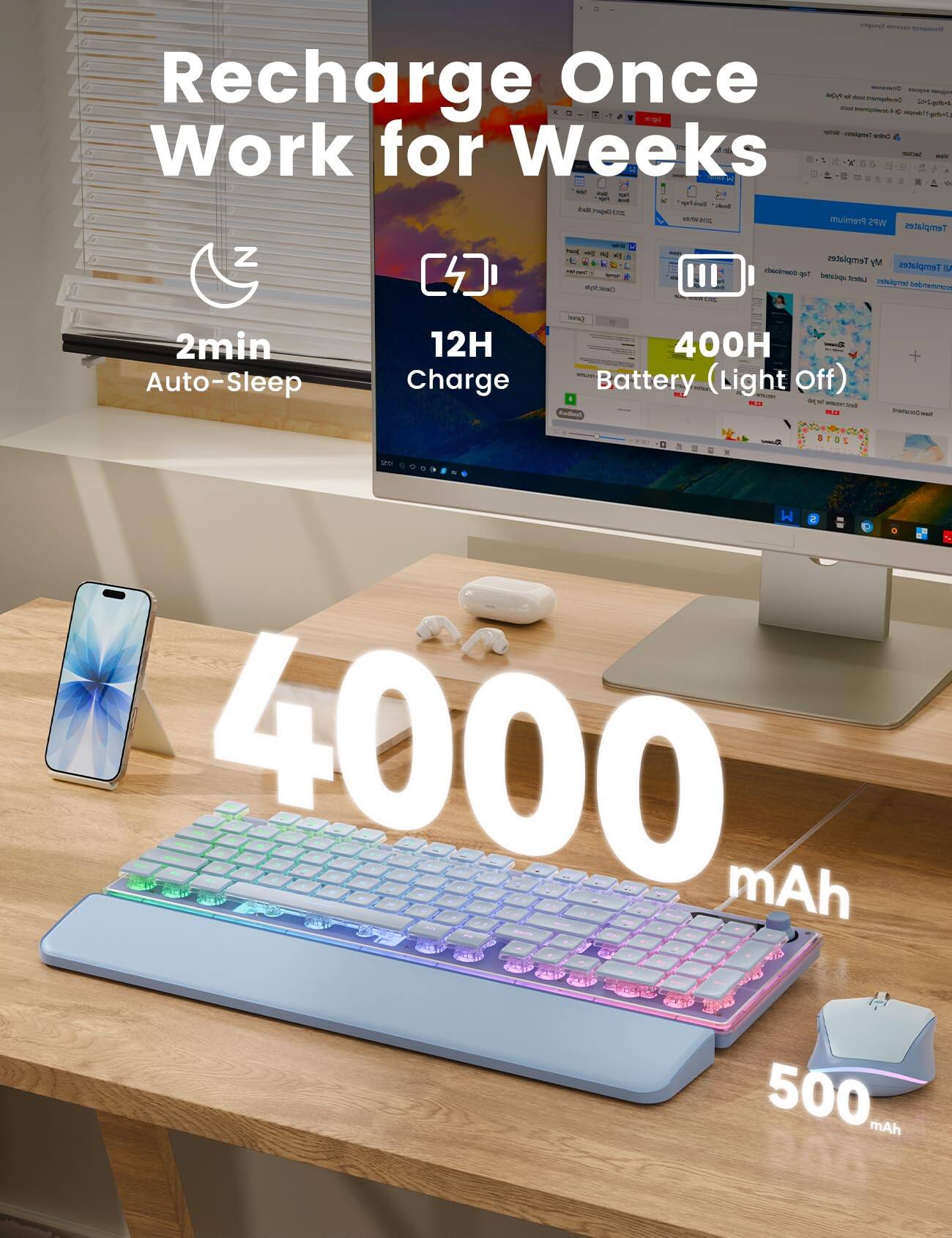 Recharge Once Work for Weeks  
2min Auto-Sleep  
12H Charge  
400H Battery (Light Off)  
4000 mAh  
500 mAh