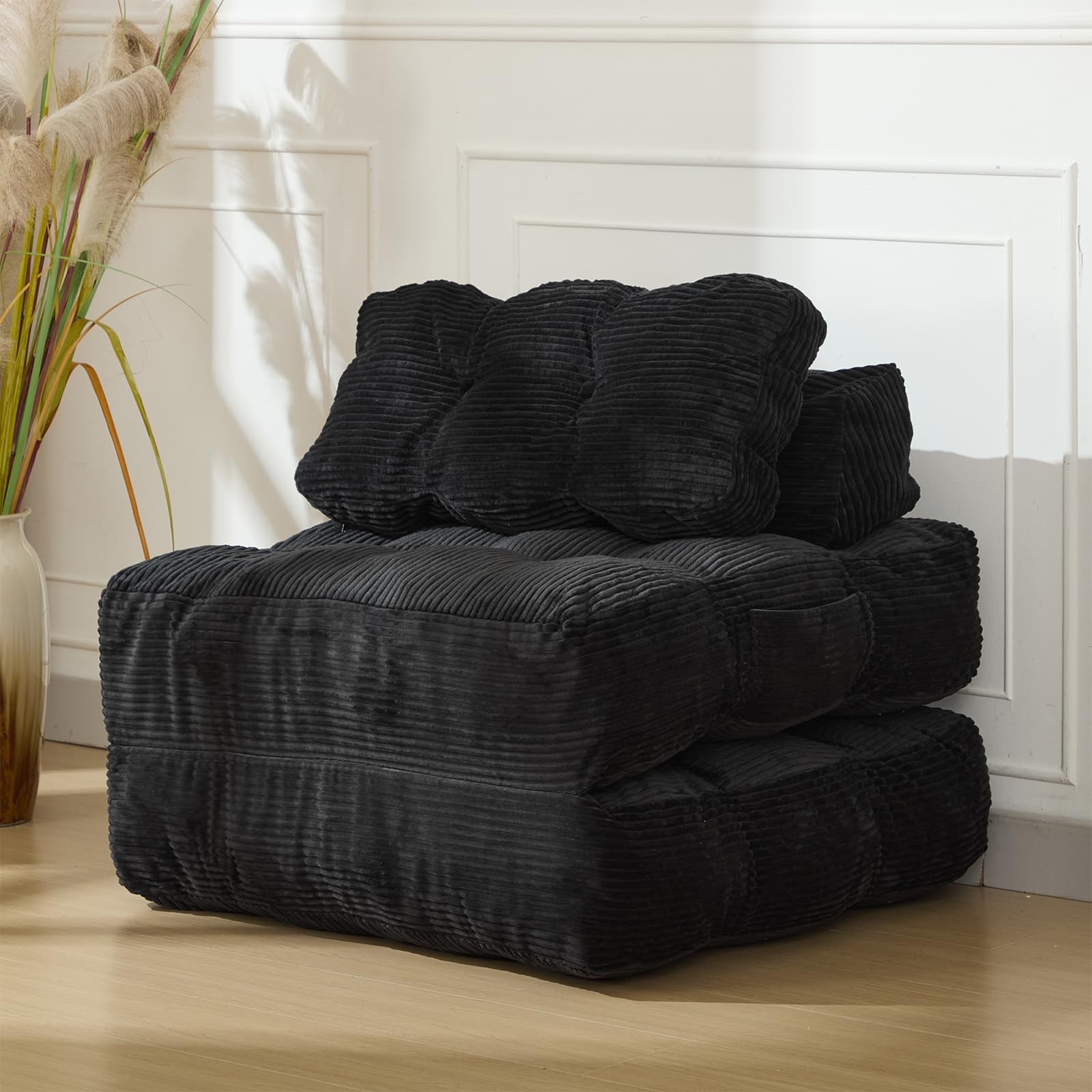 Jojoka - 74.8" Folding Sofa Bed, Convertible Single Futon Chair Bed with Back Support & Pillow, Corduroy Floor Lounger - Black