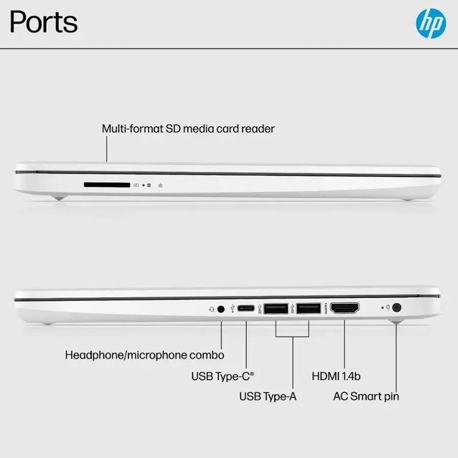 Ports

- Multi-format SD media card reader
- Headphone/microphone combo
- USB Type-C
- USB Type-A
- HDMI 1.4b
- AC Smart pin