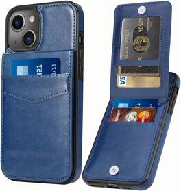 Entronix - Slim Leather Wallet Case for iPhone 15 - 6 Slot Card Holder - Navy