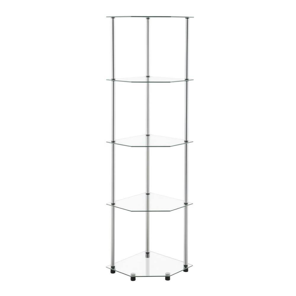 Front. FurniFact - Corner Tower Shelf, Gray Glass - Metallic.