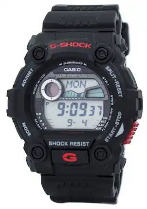 G-SHOCK
ILLUMINATOR
CASIO
LOW TEMP-LCD
SPLIT-RESET
MON
9:09 37
9-4
SIG SELECT
2 3 9-4 A.EL
SNZ FLASH-ON-OFF
FLASH START-STOP
STOP MODE
MUTE
WR20BAR
SHOCK RESIST