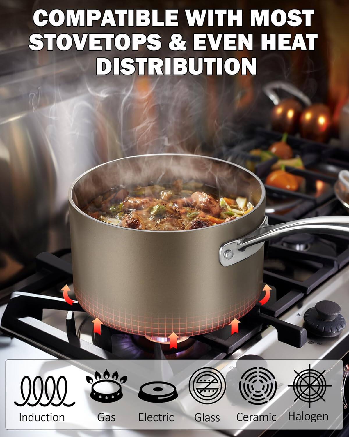 COMPATIBLE WITH MOST STOVETOPS & EVEN HEAT DISTRIBUTION

Induction  
Gas  
Electric  
Glass  
Ceramic  
Halogen