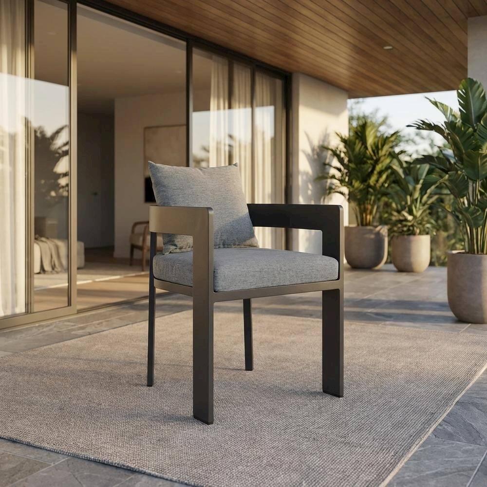 Angle. Outdoor Escape - Aluminum Outdoor Dining Chair With Cushioned Seat And Elegant Design - Gray.
