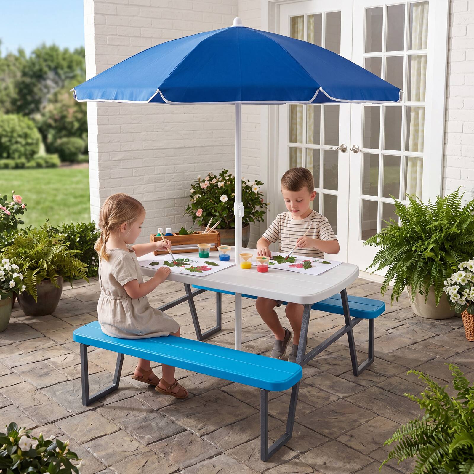 Alt View 1. Costway - Costway Kids Picnic Table with Benches Removable Adjustable Umbrella Metal Frame for Patio - Blue.