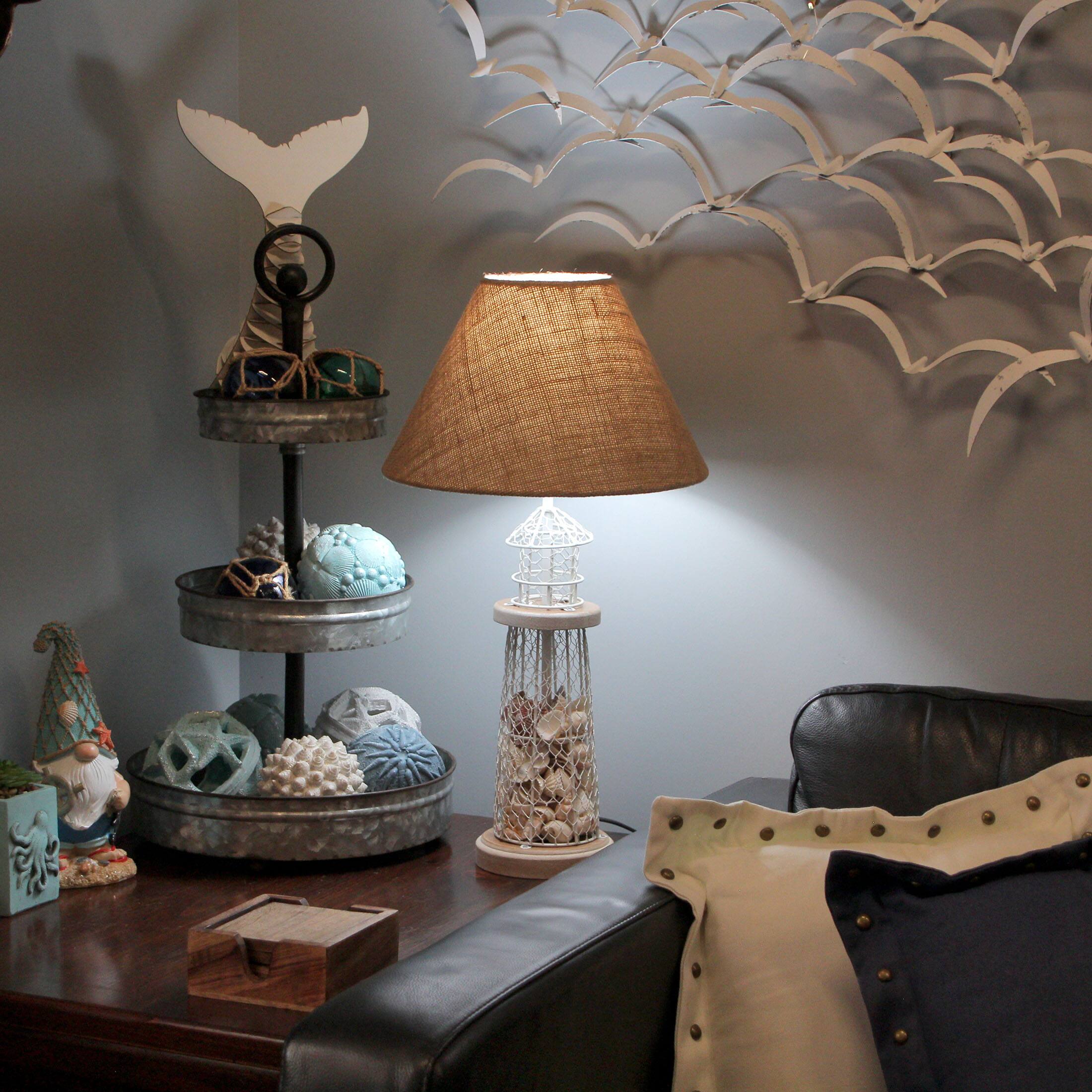 Alt View 3. Zeckos - White and Grey Metal Mesh Seashell Filled Lighthouse Table Lamp with Cone Shade - White.