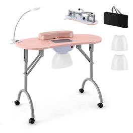 Costway - Folding & Portable Manicure Table with Dust Collector LED Lamp Carry Bag - Pink