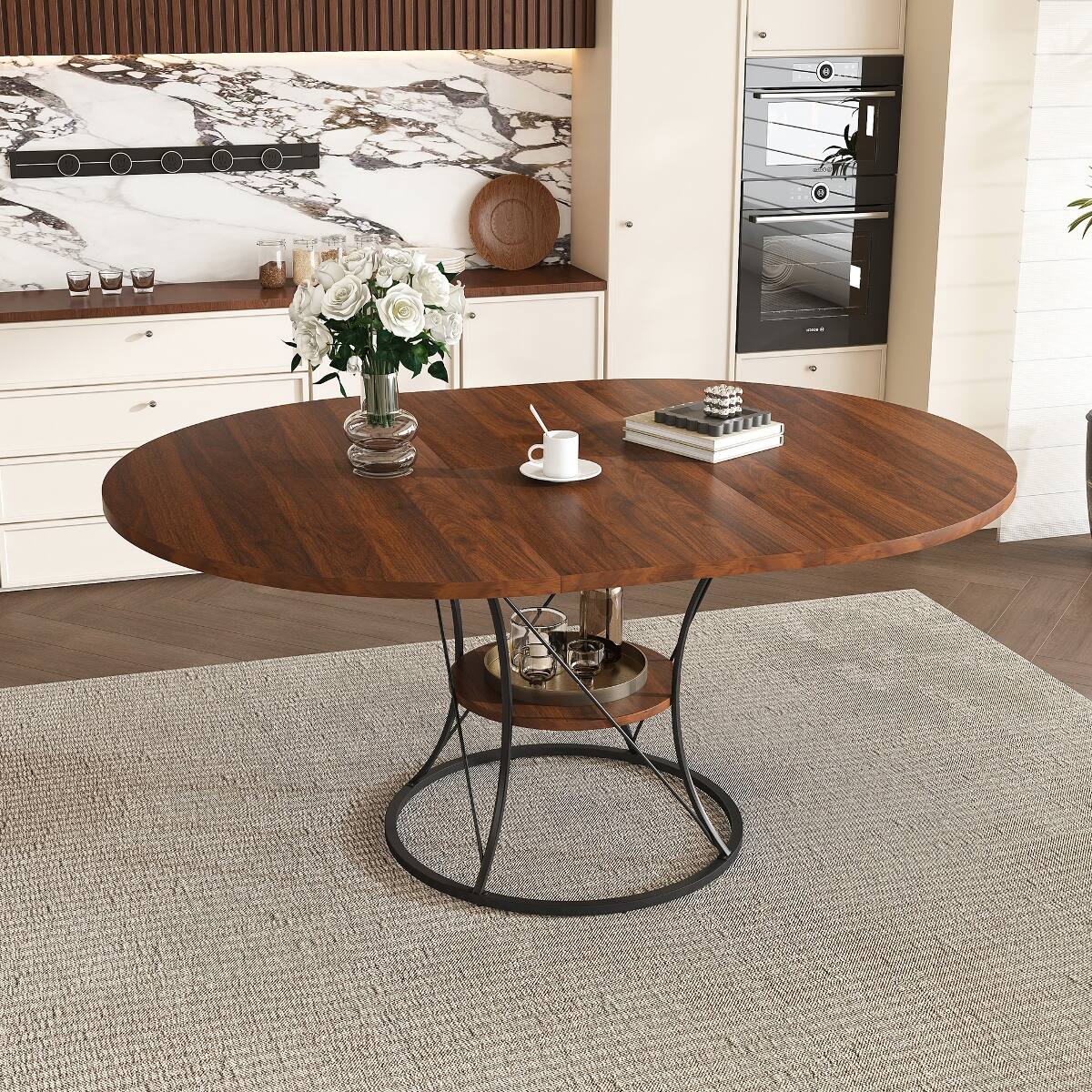 Angle. Loheer - Loheer 43 to 59 inch Extendable Round Dining Table, Walnut Veneer, Black Metal Base - Brown and black.