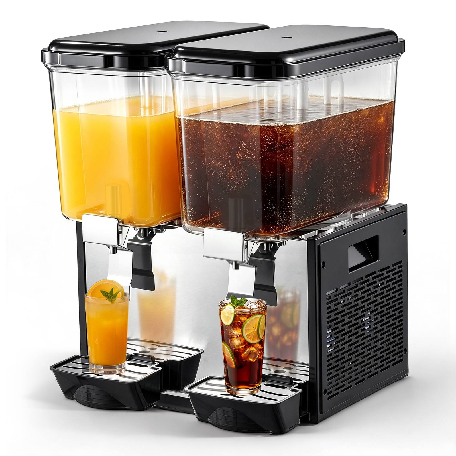 Front. VEVOR - Commercial Beverage Dispenser 2 Tanks 18 L / 19 QT Per Tank, Stainless Steel Juice Dispenser, Ice Tea Drink Machine - Black;Silver.