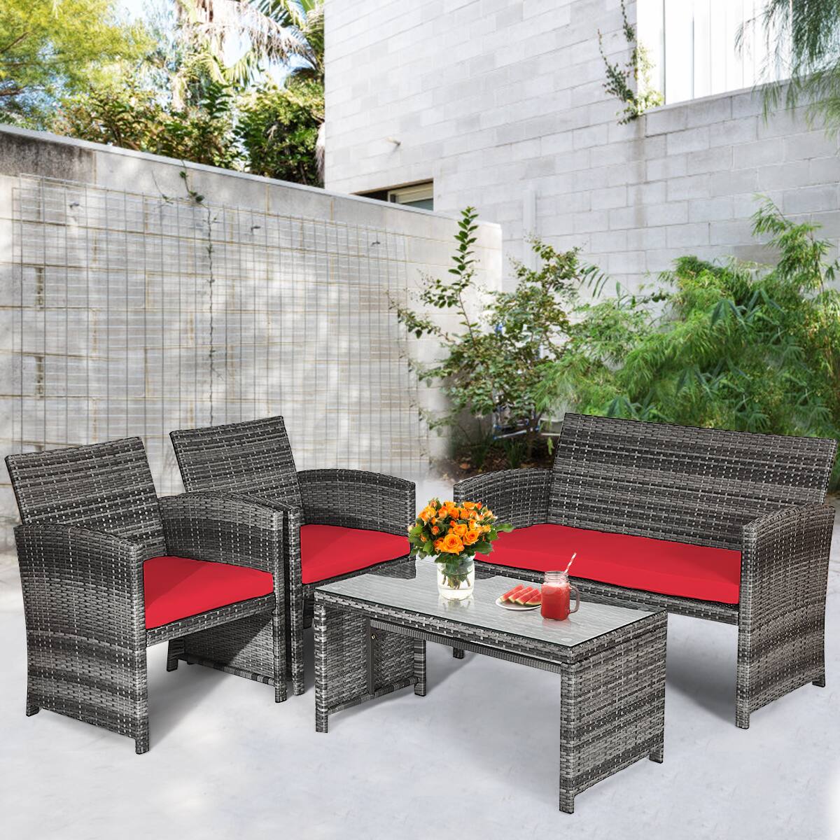 Alt View 3. Costway - Costway 8PCS Patio Rattan Furniture Set Glass Table Top Cushioned Sofa - Red.