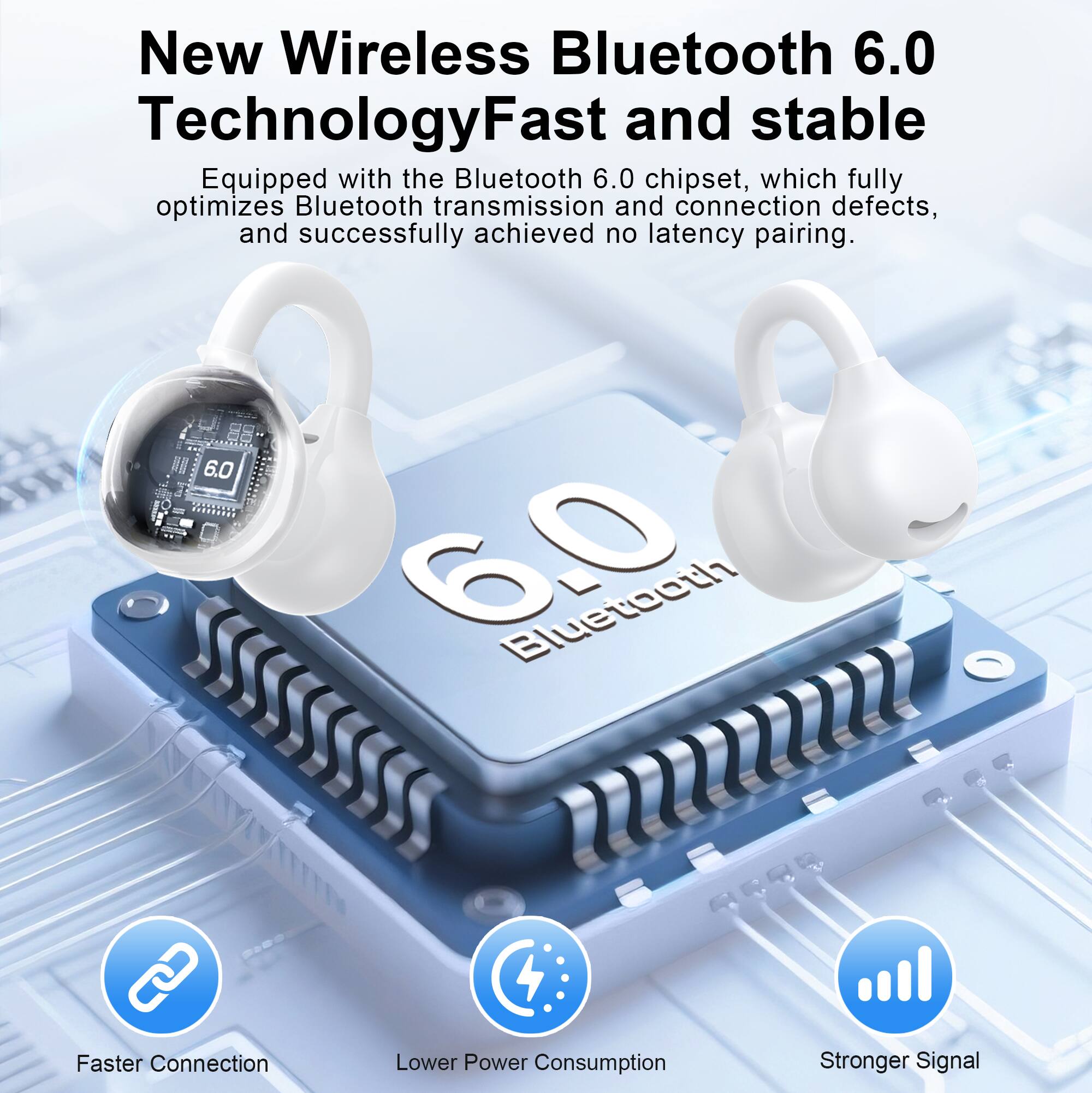 New Wireless Bluetooth 6.0 Technology  
Fast and stable  

Equipped with the Bluetooth 6.0 chipset, which fully optimizes Bluetooth transmission and connection defects, and successfully achieved no latency pairing.  

- Faster Connection  
- Lower Power Consumption  
- Stronger Signal